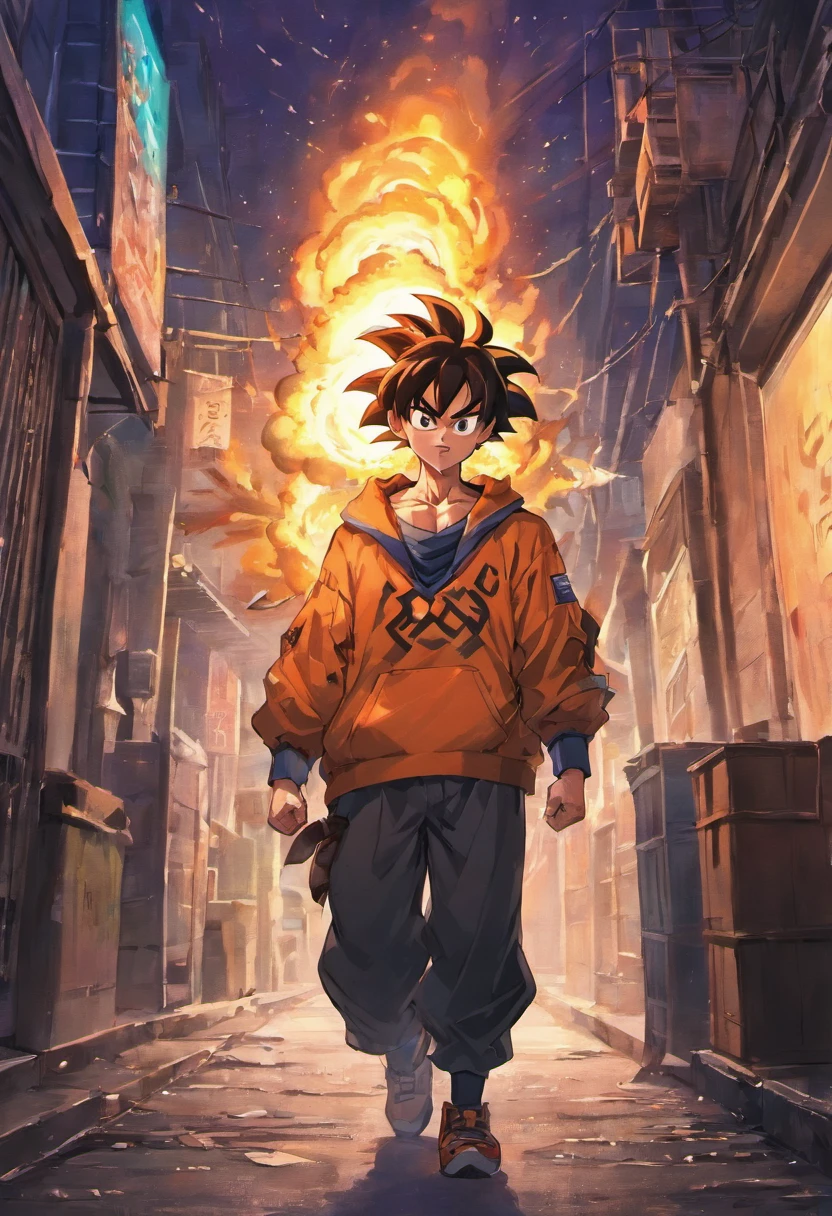 Goku shooting minigun in the ghetto, alley, night