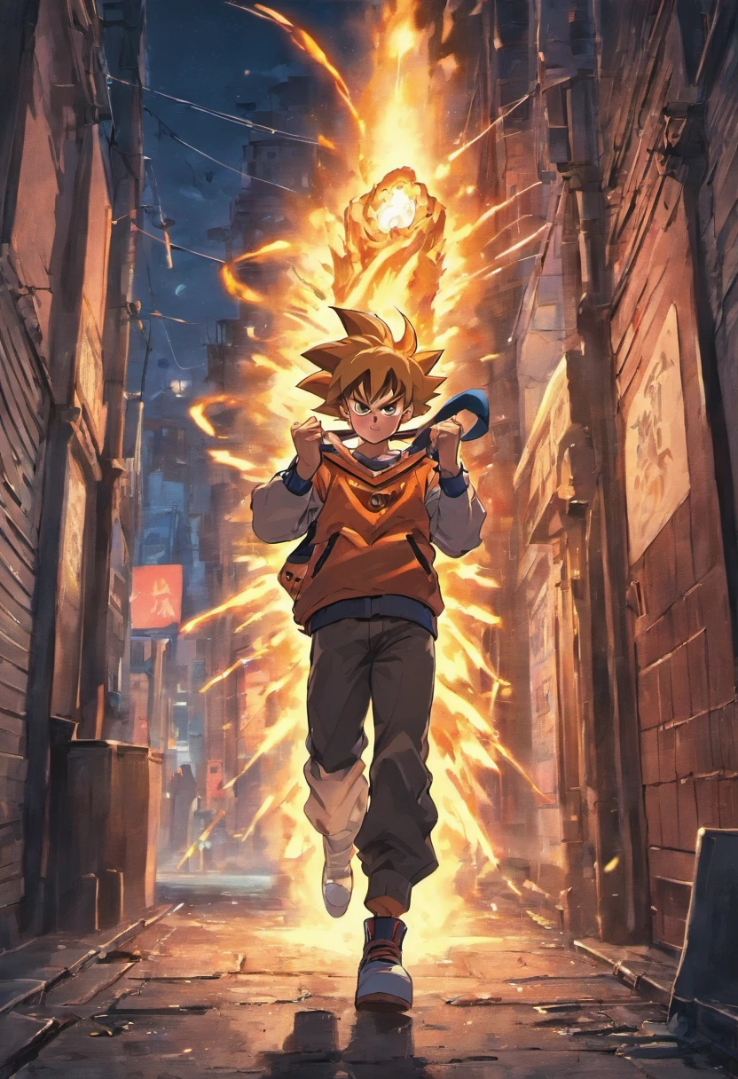 Goku shooting minigun in the ghetto, alley, night