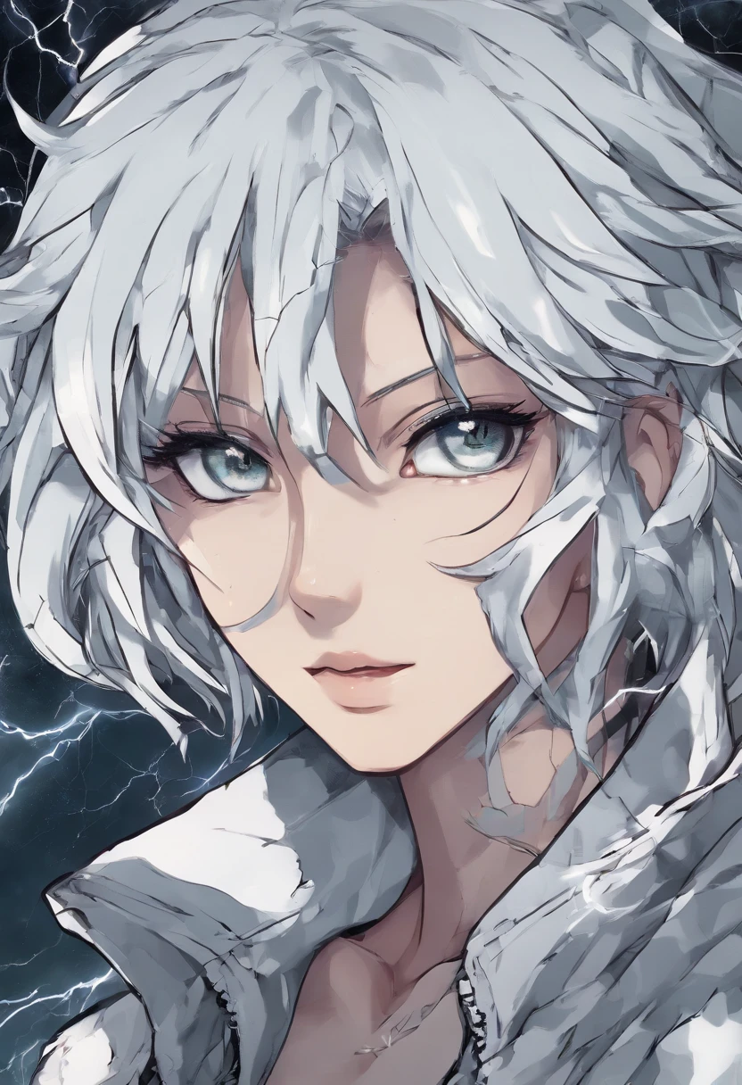1990s anime art style girl with black ripped clothes and white hair with grey eyes and a lightning shape scar on her face. With 100% grain quality, no HD quality.