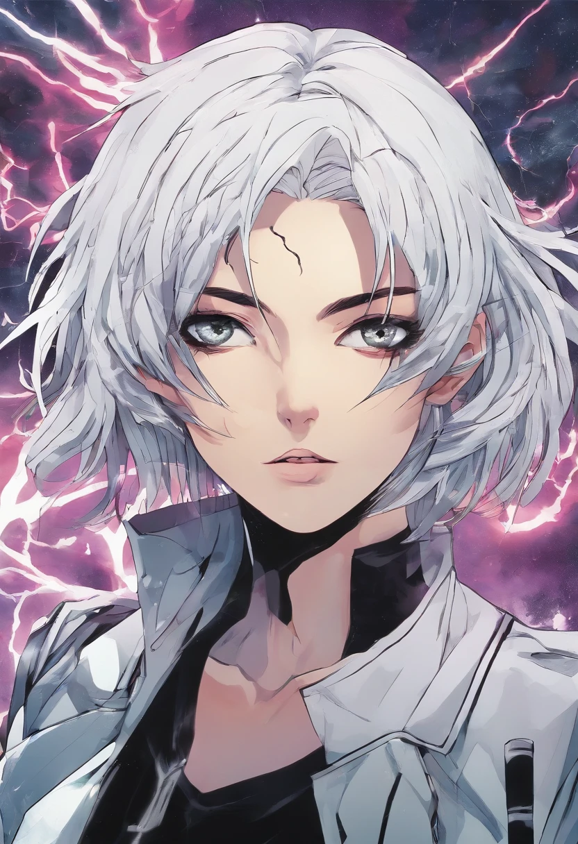 1990s anime art style girl with black ripped clothes and white hair with grey eyes and a lightning shape scar on her face. With 100% grain quality, no HD quality.