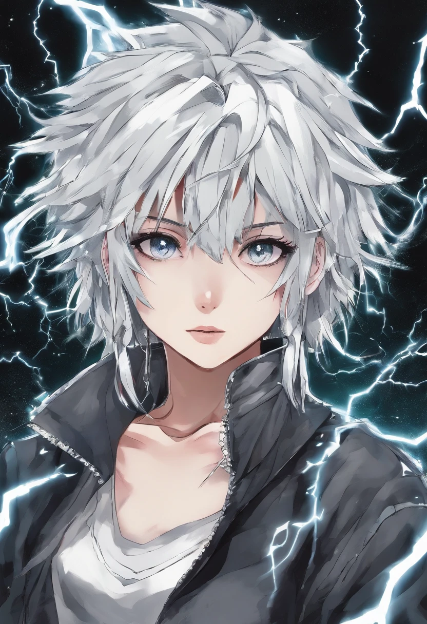 1990s anime art style girl with black ripped clothes and white hair with grey eyes and a lightning shape scar on her face. With 100% grain quality, no HD quality.