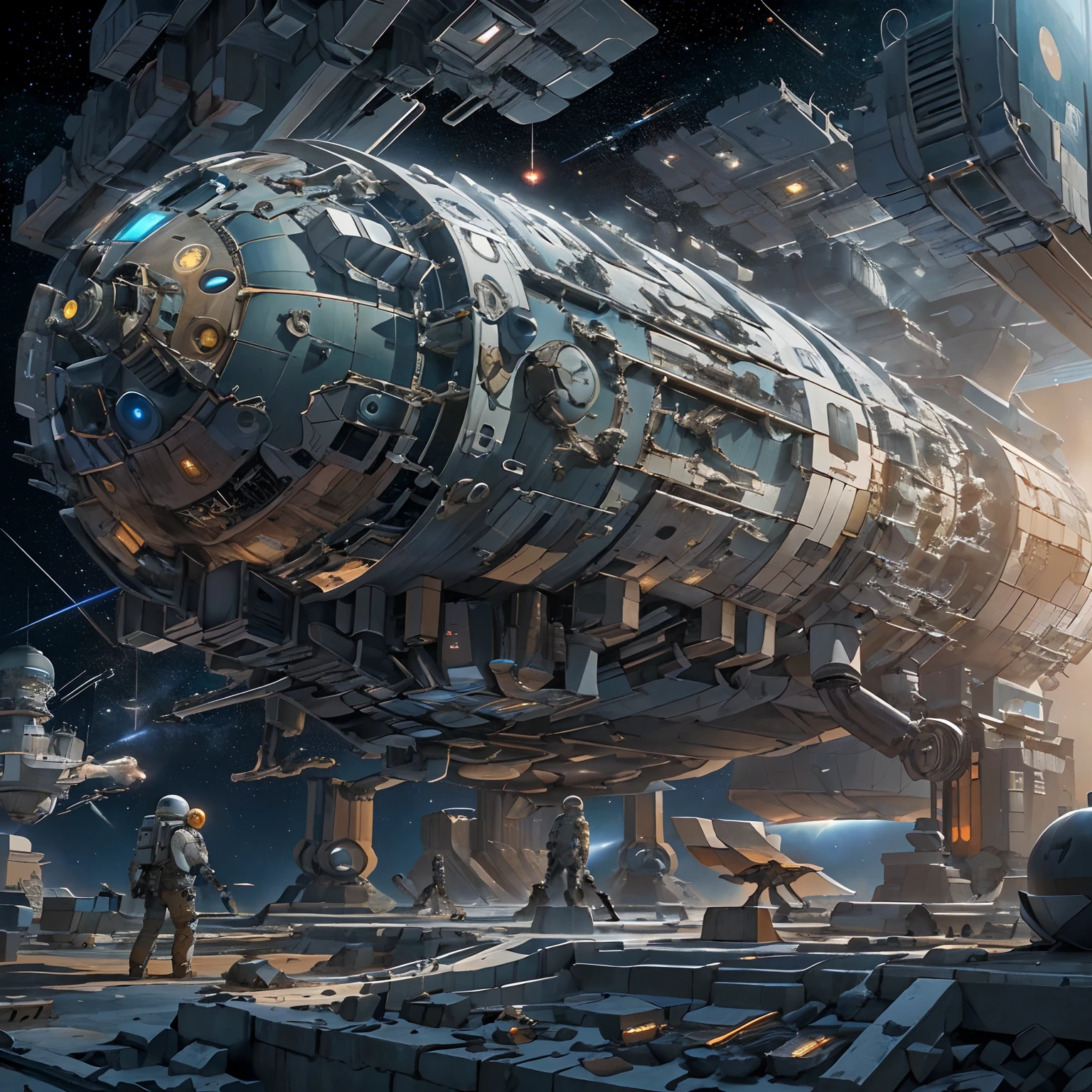 A captivating depiction of a space station floating in the vastness of space, (Stunning spatial backdrop), (Detailed spacecraft design), (lifelike rendering), (Impressive scale and proportions), (futuristic architecture), (Attention to scientific accuracy), (intricate mechanical details), (Immersive lighting effects), (A sense of awe-inspiring vastness), Trending on ArtStation, (Trending on CGSociety), (Showcasing the wonders of space exploration), (Evokes a sense of technological progress), (Highly detailed space environment), (Impressive attention to texture and materials), (Depiction of astronauts and extraterrestrials), (Convey tranquility and awe), (Capturing the beauty and mystery of the universe), (Skillful depiction of depth and perspective),vortex,Hou-t'u-feng,The wreckage of a huge spaceship