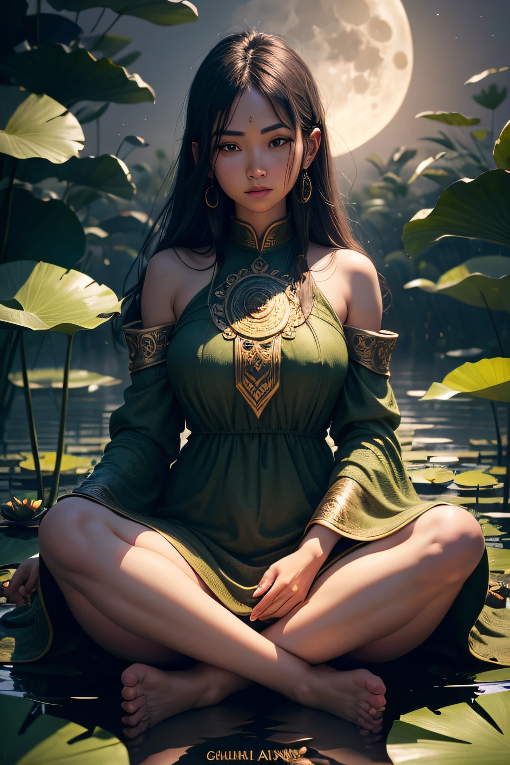 make a super realistic photo. 25 year old Indonesian Javanese woman, round face, beautiful, elegant. Long straight hair, in a small bun on top of her head, wearing a red silk tank top, plump chest, wearing a gold necklace, like a Javanese royal queen. Cloth belt white batik with complicated motifs, wearing a white batik sarong, very complicated black motifs, wearing black rubber sandals. Sit cross-legged, meditate, the body floats, the body emits an aura of 3 colors, blue, gold, blue. Forest and temple background. Beautiful and green. Body aura radiates everywhere. Ultra-HD. HD. hyperrealistic. 65K