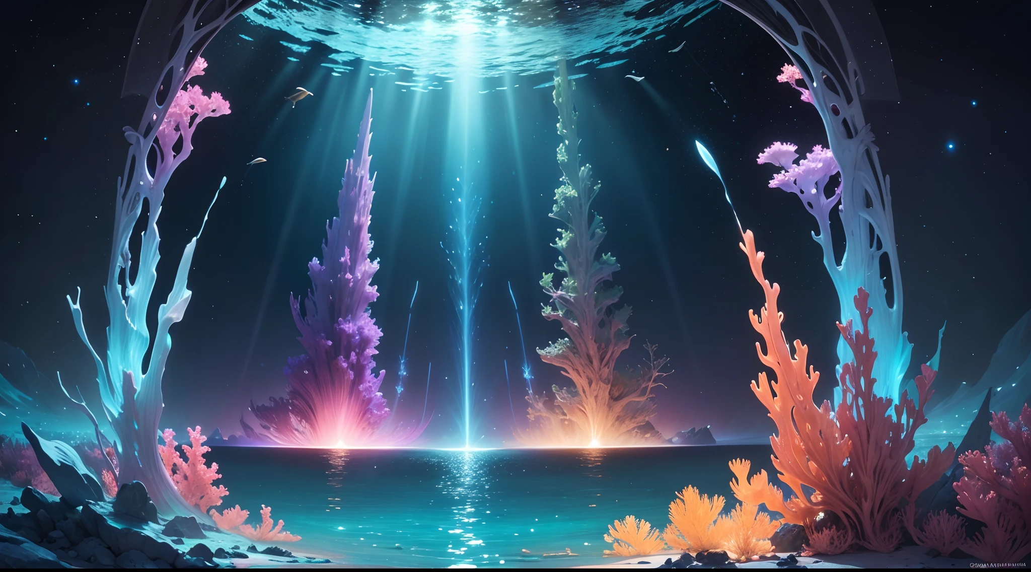 Dans une galaxie, sous-marin, In space, A haunting scene unfolds. The main objective of the work is a surreal underwater landscape in the vastness of the cosmos. The scene is alive with vibrant colors, vividly describing the interaction between water and celestial elements. The medium used is a mixture of digital painting and 3D rendering, Create a fascinating blend of realism and fantasy elements.

The underwater world is full of diverse and fascinating marine life. Des bancs de poissons exotiques nagent gracieusement, their scales reflecting the cosmic hues of the surrounding galaxies. Luminous corals and vibrant algae create an amazing tapestry of colors, Illuminer les fonds marins profonds. A delicate balance exists between terrestrial marine life and the vastness of the cosmos.

The stars above sparkle like diamonds, casting a surreal glow on the underwater kingdom. Nebulae and galaxies paint the dark canvas of space, adding a touch of otherworldly beauty to the scene. Lighting is ethereal, accentuate the dreamlike quality of the work.

Image quality is of the highest standard, with intricate details that showcase the artist's skill and precision. The work is rendered in ultra-high resolution, allowing viewers to immerse themselves in the fascinating depths of the cosmic underwater world. Les couleurs sont vibrantes et vives, Invoke a sense of wonder and awe in the observer.

With its mixture of surrealism and realism, This work combines the beauty of the terrestrial and celestial kingdoms. It captivates the imagination, evoking a sense of wonder and enchantment in those who see it.