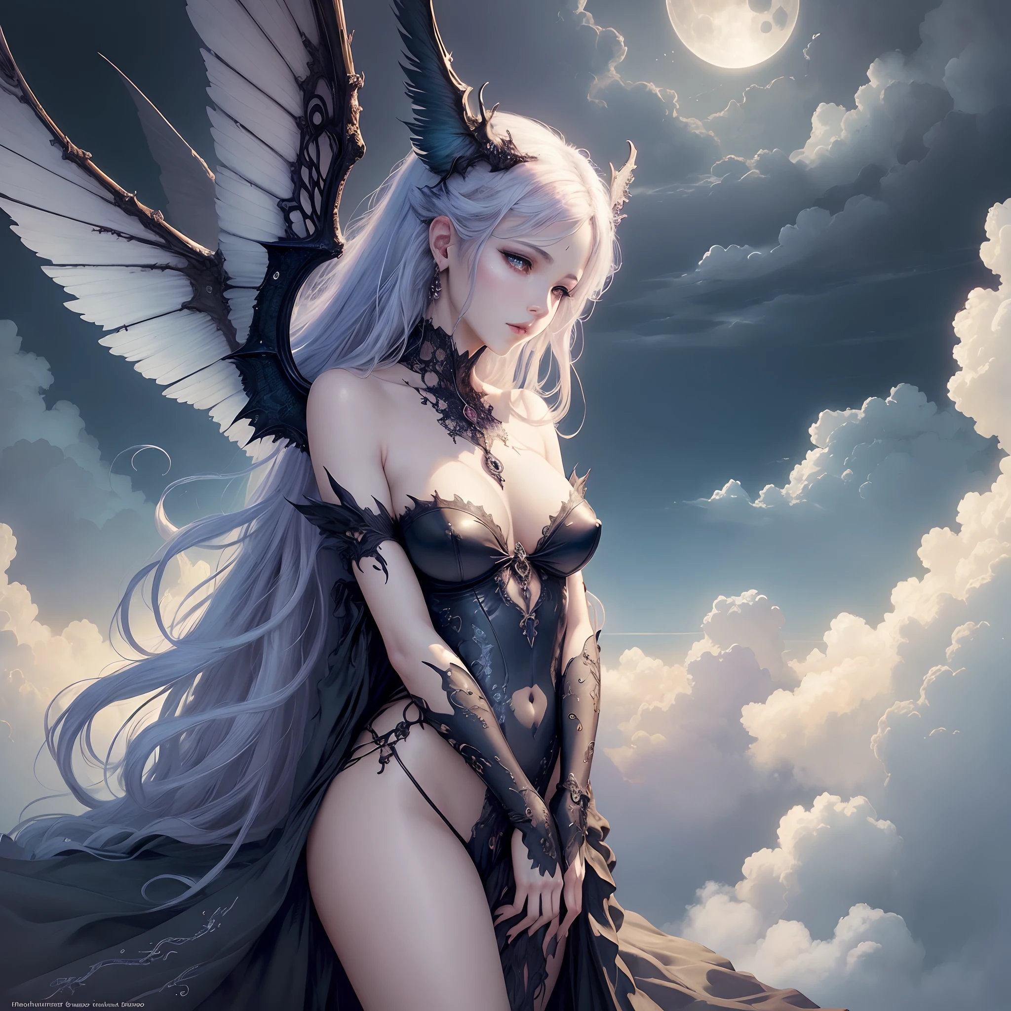 ((Need)), ((tmasterpiece)), (A detailed), Enchanting succubus, Ethereal beauty, Perched in clouds, (fantasy illustrations:1.3),captivating posture, delicate wings, otherworldly charm, Mysterious Sky, (Luis Royo:1.2), (Yoshitaka Amano:1.1), Moon Night, pastelcolor, (Detailed cloud view:1.3)