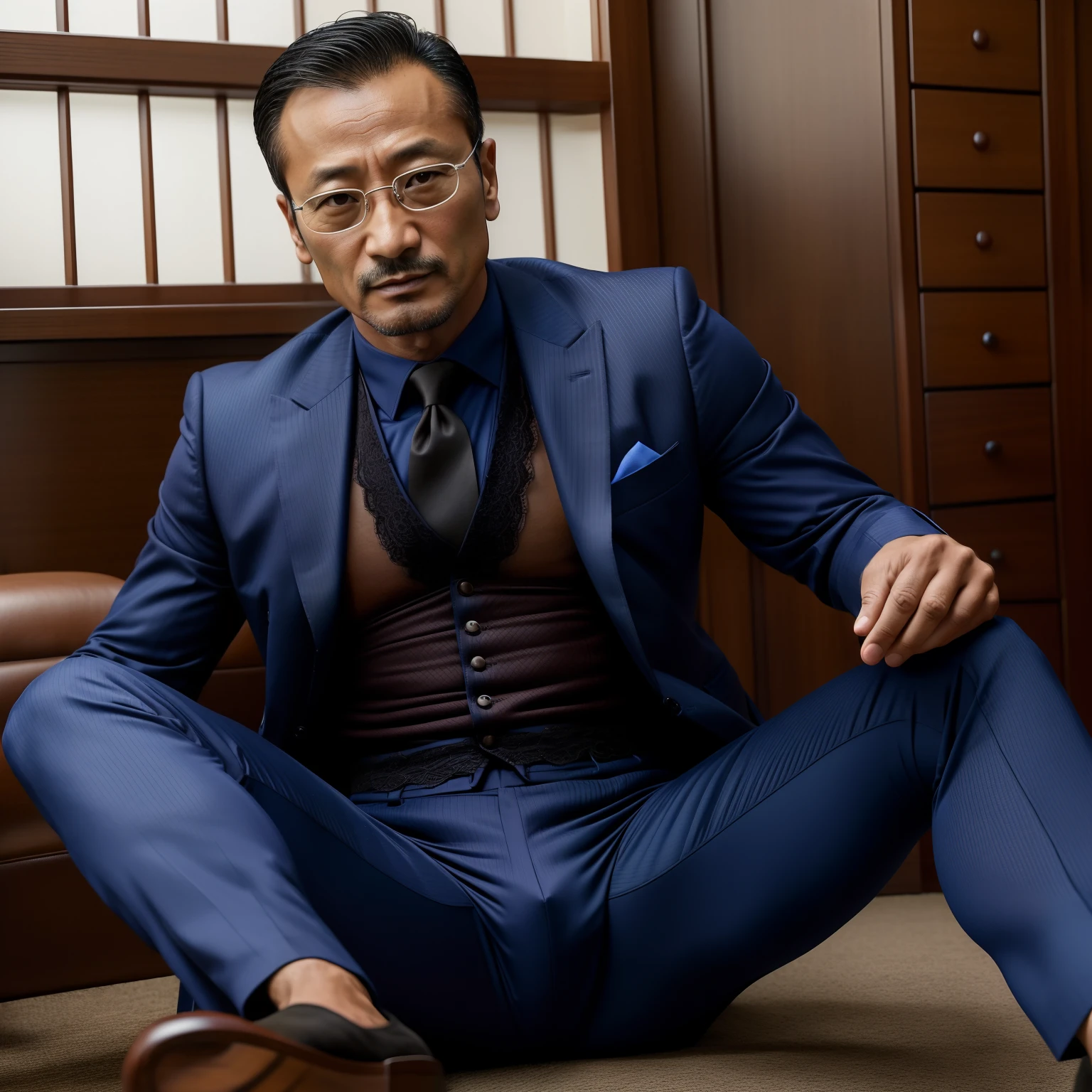 age 55，Hidetoshi Nakata ，（Kogoro Mouri 1.3），little beard，Shirtless，black long socks，tmasterpiece，fortitude，Two muscular men kneel，Business suit，Lace suspender underwear，Crotch contour，Thick chest hair，blue colors