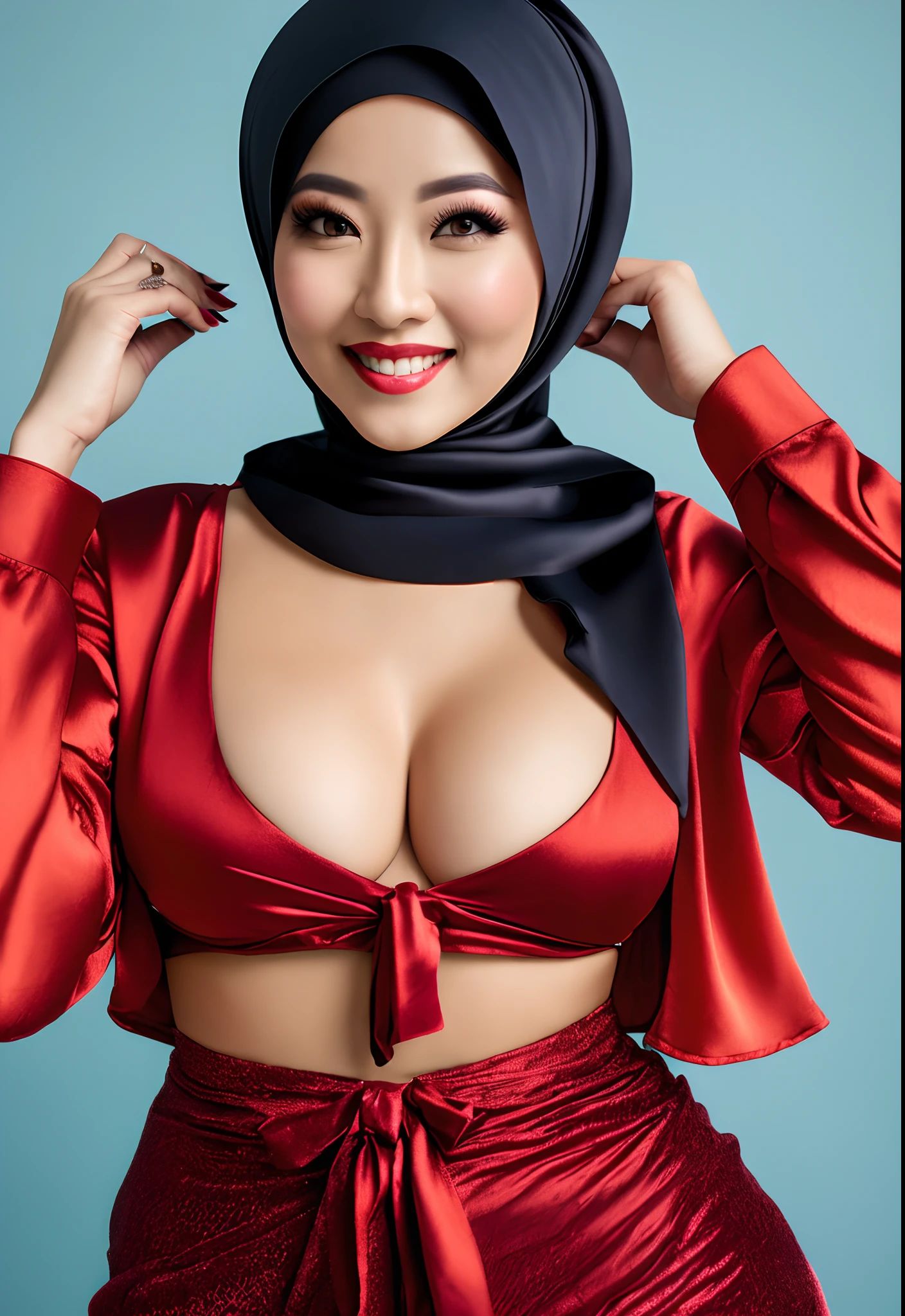matured royale MILF in hijab wearing sexy see-through satin red color Blouse portrait photography, mid shot photo, ultra detail, professional photograph with professional lighting, smile, light blue studio background, sexy seducing pose, curvy,breast out
