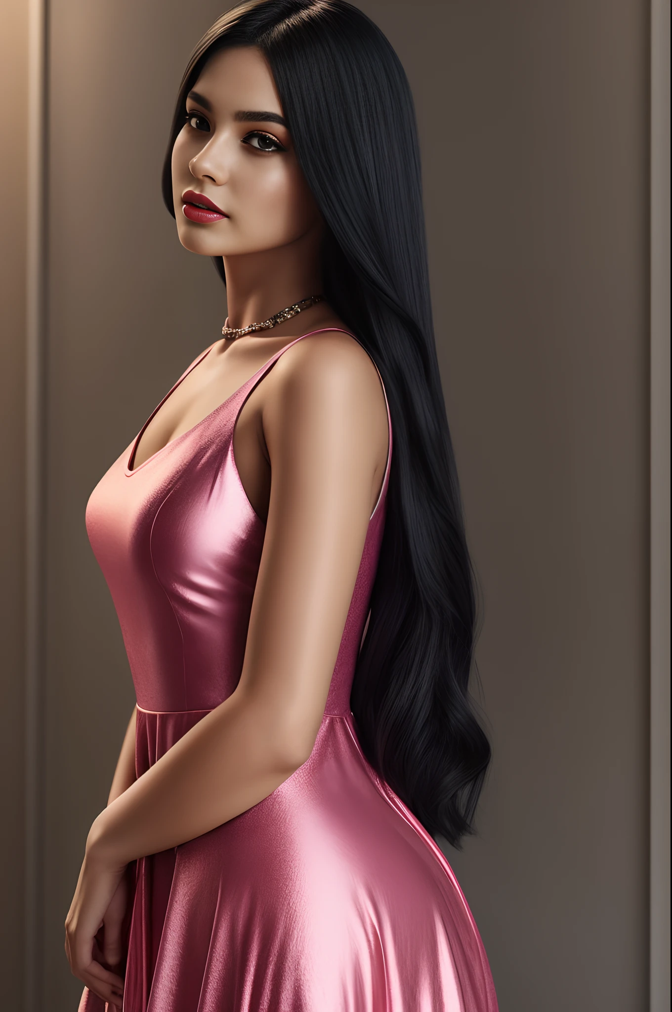 01 Girl, black long hair, pink shine dress, ( 8K ), photography 8000 ( ultra realistic ), trending on art section, real girl, ( black long hair), beautiful girl with vintage frock, ( ultra realistic ), hot look, badass, masterpiece, full body viewer, hot, realistic