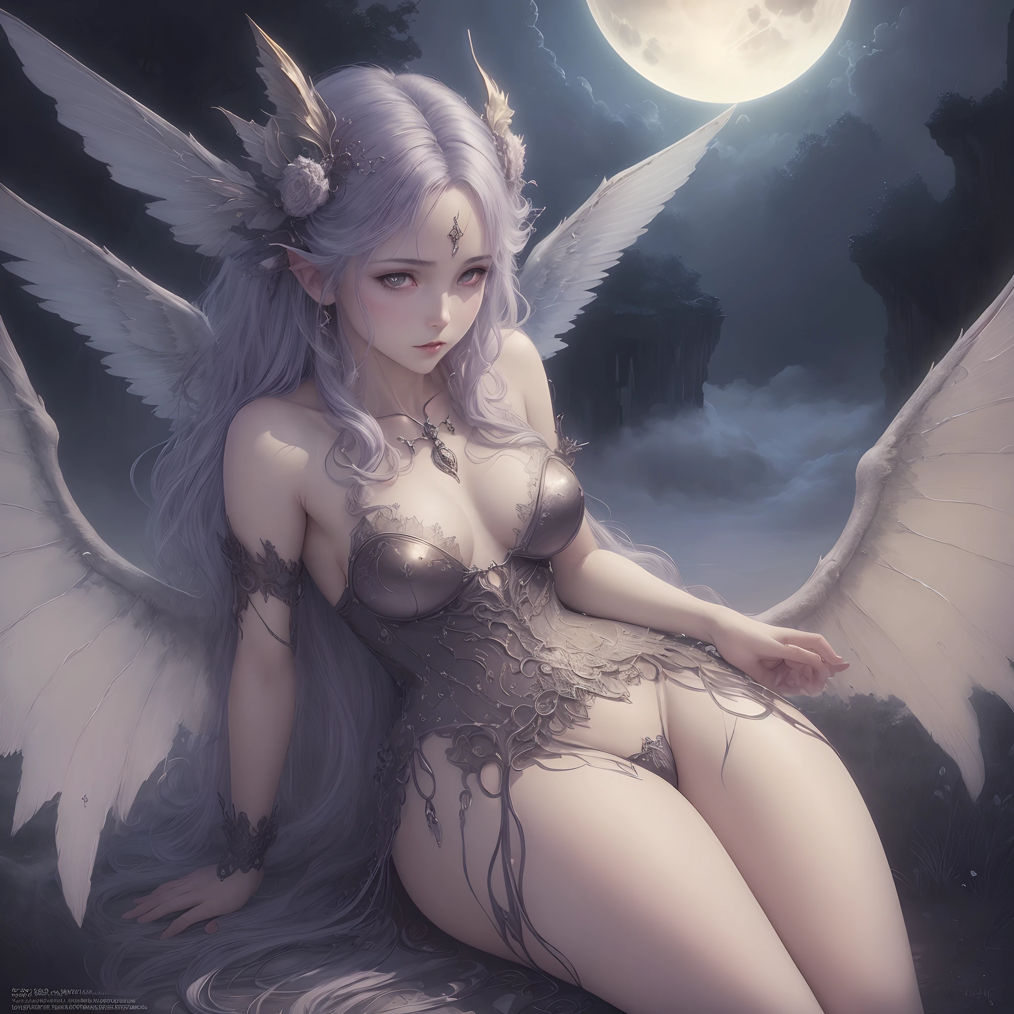 ((Need)), ((tmasterpiece)), (A detailed), Enchanting succubus, Ethereal beauty, Perched in clouds, (fantasy illustrations:1.3),captivating posture, delicate wings, otherworldly charm, Mysterious Sky, (Luis Royo:1.2), (Yoshitaka Amano:1.1), Moon Night, pastelcolor, (Detailed cloud view:1.3)