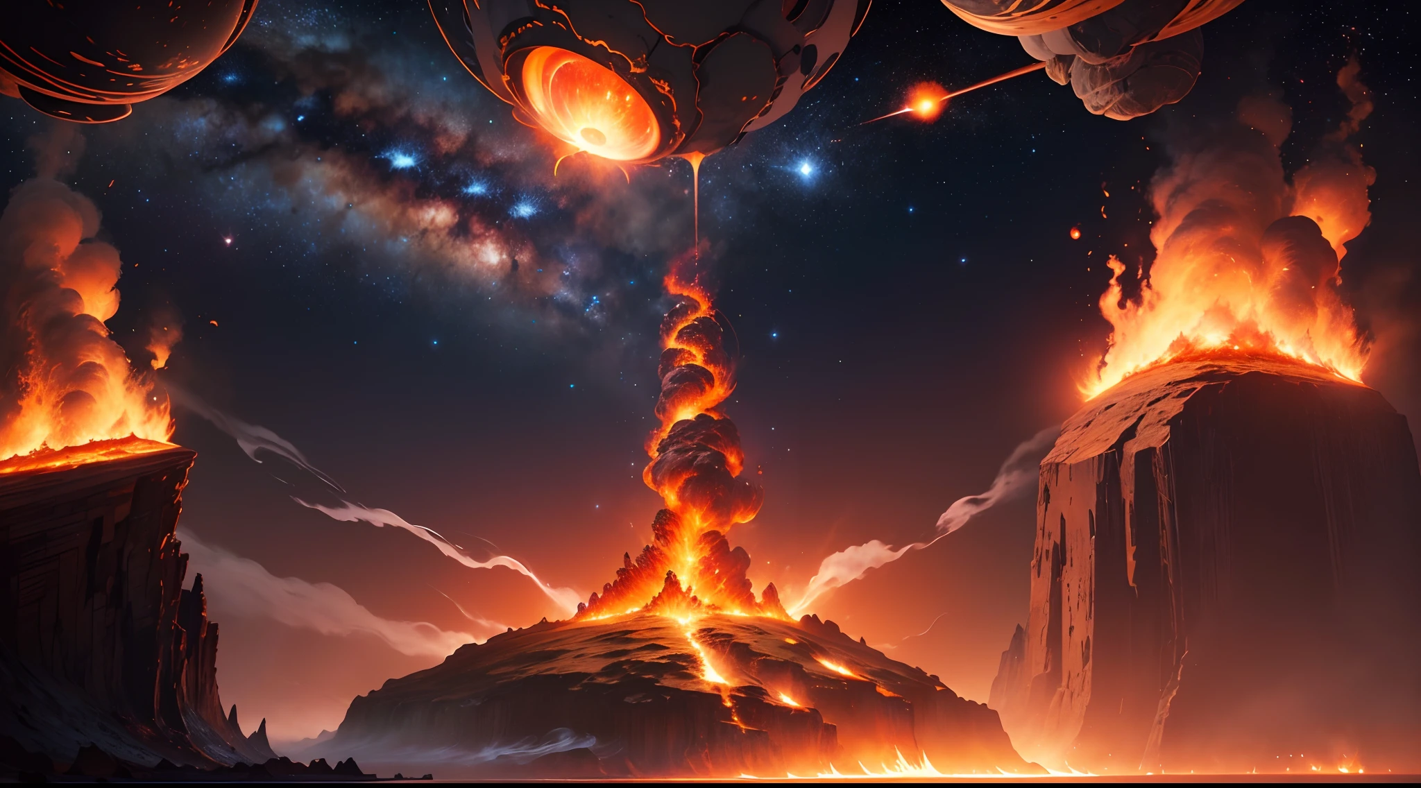 A world of fire and lava, in space, galaxy
(best quality, 4k, highres, masterpiece:1.2), ultra-detailed, (realistic, photorealistic:1.37),
portraits, landscape, sci-fi, vivid colors, sharp focus, studio lighting,
fiery reds, glowing yellows, deep blacks, shimmering blues, intense oranges,
molten lava flowing, erupting volcanoes, swirling smoke and flames,
gigantic fiery planets, floating rocks and debris, shooting stars and meteor showers,
a vast galaxy stretching across the horizon, stars twinkling in the distance,
astronauts exploring the fiery landscapes, futuristic spaceships hovering in the sky,
distant galaxies and nebulae adding to the cosmic atmosphere,
an otherworldly feel with a mix of beauty and danger,
flickering and changing lights creating a dynamic and dramatic scene,
the incredible heat radiating from the fiery elements,
a sense of awe and wonder as you witness the power of the universe,
the contrast between the serene darkness of space and the vibrant inferno of the lava world,
capturing the mesmerizing beauty of the unknown.