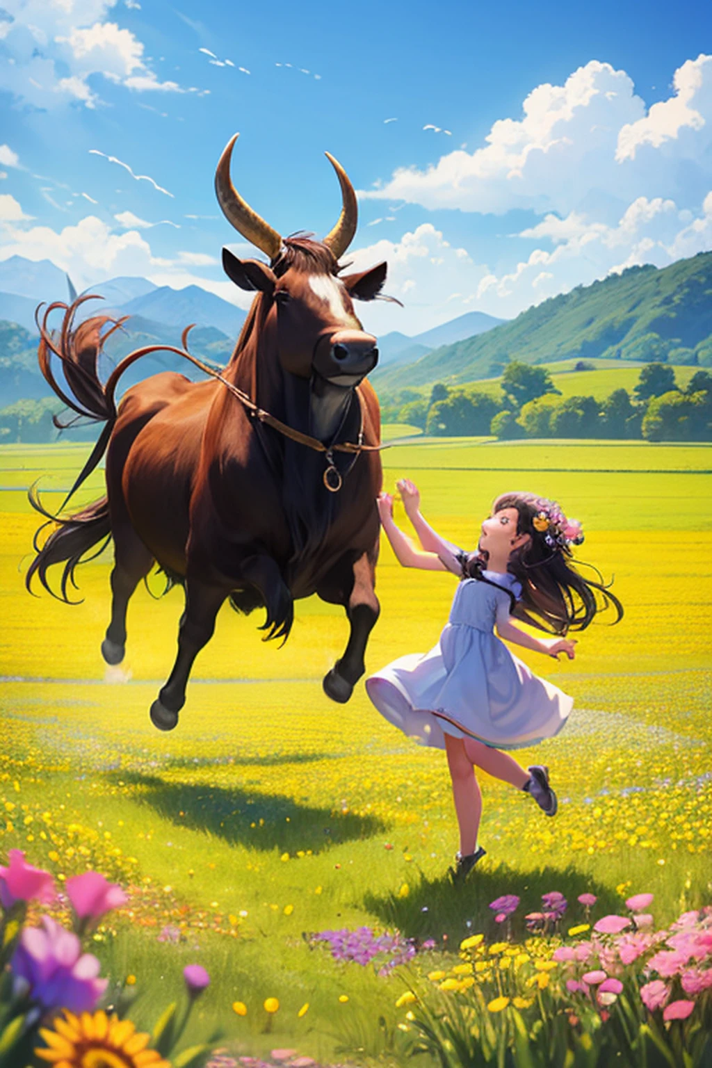 cartoon style drawing, where an ox and a girl are floating up into the air, over a field, with scattered flowers and pollen
