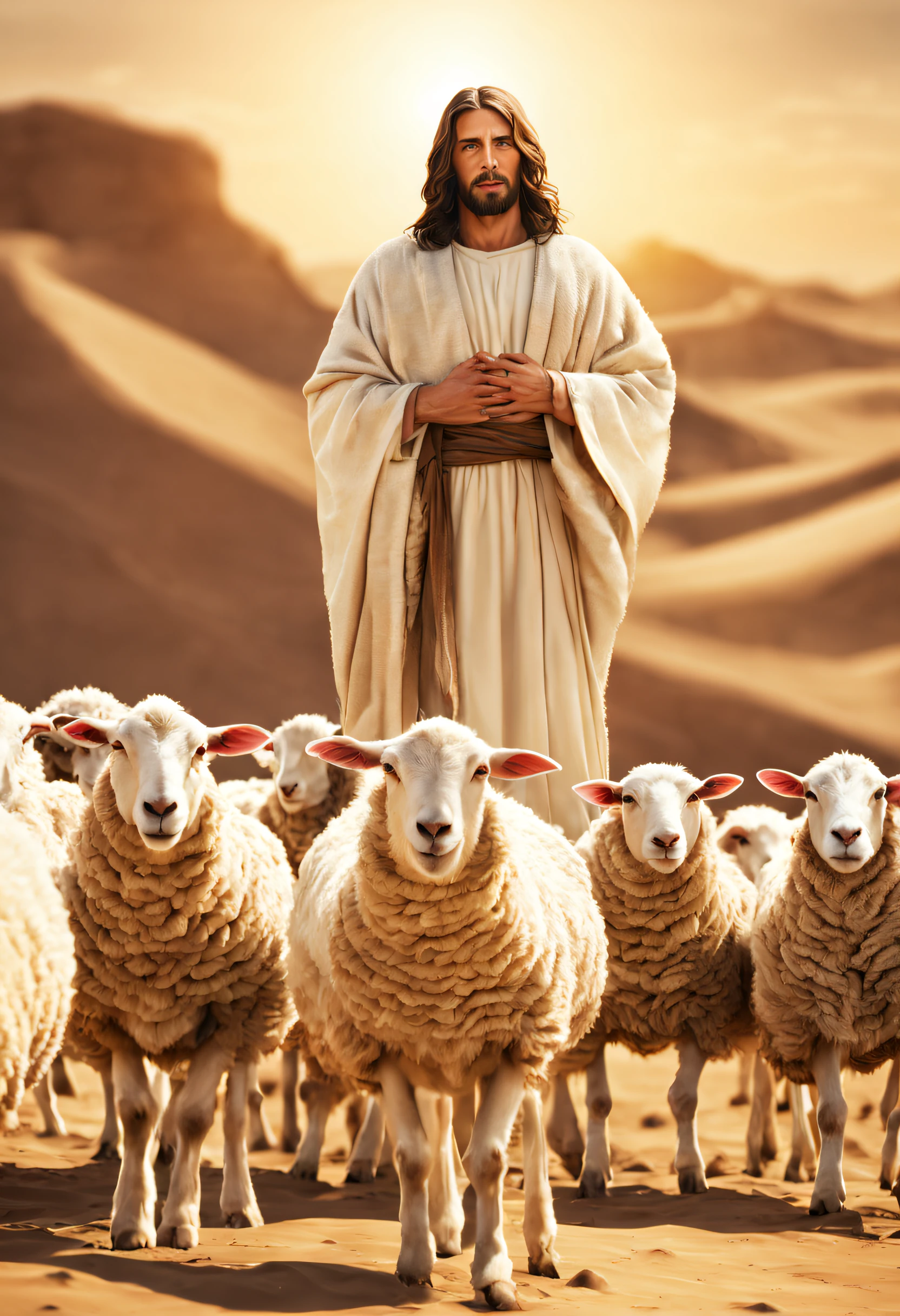 jesus christ with sheep in the desert realistic image 4k hd