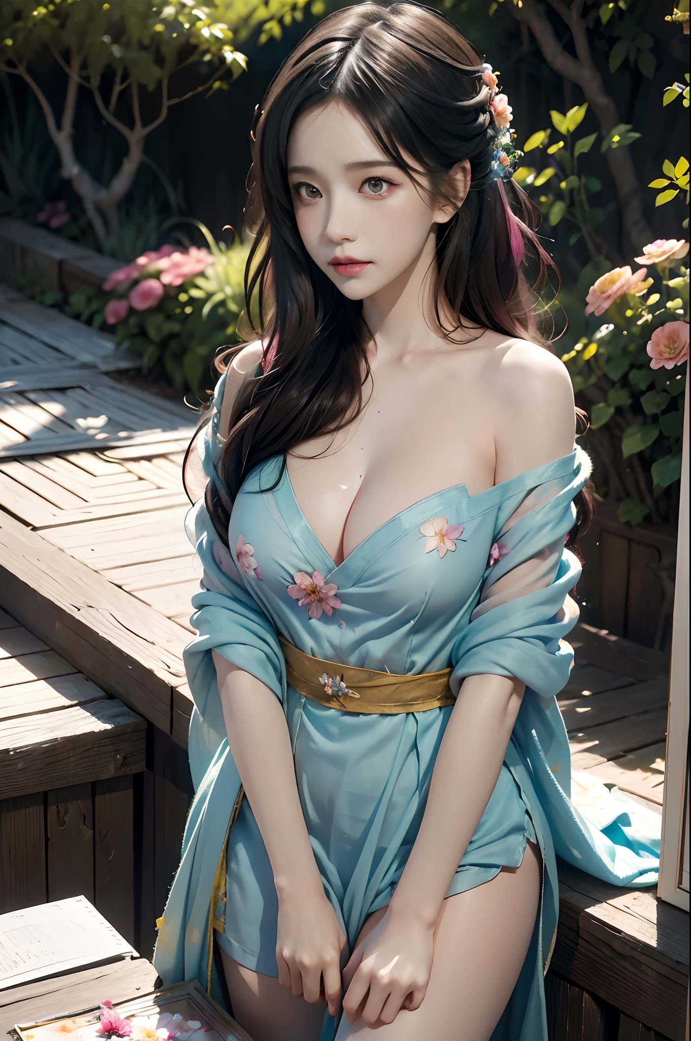 high quality, 8K Ultra HD, high detailed, Watercolor, wash technique, colorful, A painting with dripping and scattered paint, Painting like Agnes Cecile, blurry, pale touch, smudged outline, like a fairy tale, Beautiful woman made with flower colorage, huge breasts, dramatic lighting, expressing women using flowers and plants, cutting and combining petals and leaves, drawing women's hair and dresses using the colors and shapes of flowers, vivid colors and nature, luminism, three dimensional effect, enhanced beauty, Albert Anker, Feeling like John Howe, Greg Rutkowski, Feeling like Kyoto Animation, Artgerm, WLOP, Alphonse Beeple, luminism, Isometric, awesome full color