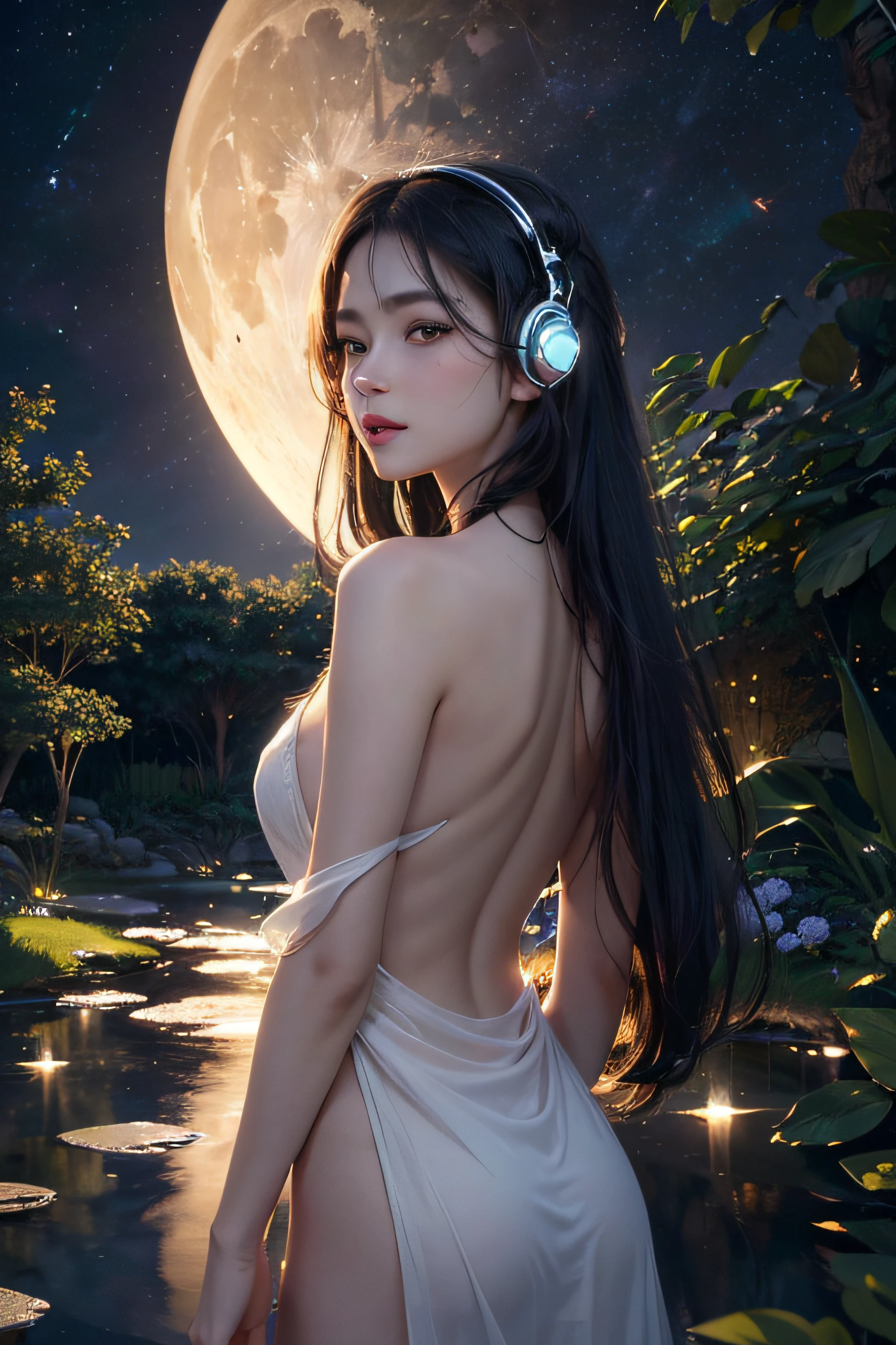 (best quality,8k,highres,masterpiece:1.2),ultra-detailed,beautiful naked girl on the moon,detailed girl's face,crater,headphones,mirror,moonlit garden,bright starry night,soft moonlight,shiny metallic headphones,fine details,crystal-clear reflection,delicate facial features,sparkling moonlight casting shadows,subtle texture of the moon's surface,serene atmosphere,unbelievable realism,artistic rendering,ethereal beauty,pure elegance,vibrant colors,complex lighting,extravagant artwork,mesmerizing composition,lustrous moonlit skin,expressive eyes,lush greenery surrounding the garden,peaceful solitude,dreamlike setting,visual storytelling,harmonious blend of light and shadow,unforgettable visual experience.