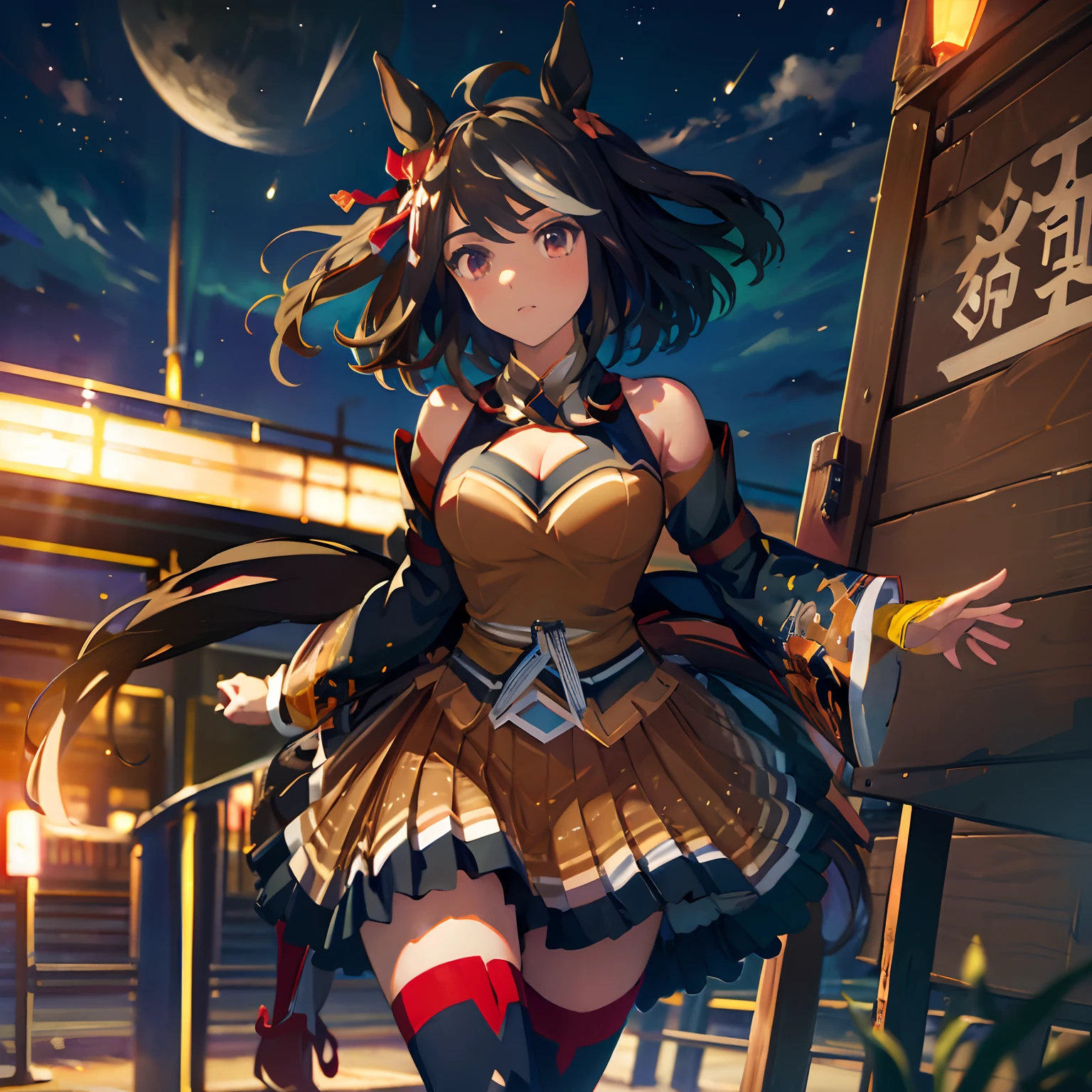 「​masterpiece,top-quality,a closeup,Face Shots,kitasan black_(Umamusume), 1girl in,Animal ears ,Horse ears ,Horse Girl ,Horse tail,masutepiece, Best Quality,Hair Ribbon, Hair Ornament, Fingerless gloves, yellow gloves, Komono, Long sleeves, Wide sleeves, Detached sleeves, Bare shoulders, Clothes Cutout, cleavage cutout, Kohaku ship, Brown skirt, Pleated skirt, zettai ryouiki, black thighhighs, Sandals, red footwear, 」，Running through，