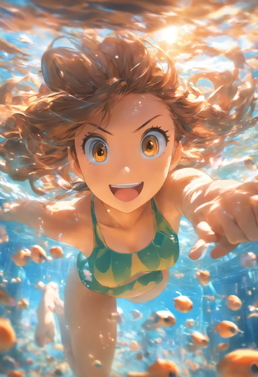 foreshortening,  depth of field, masterpiece, best quality, 1girl, brown hair, brown eyes,  long hair, underwater, air bubble, solo, looking at viewer, school swimsuit, swimming,  dappled sunlight,