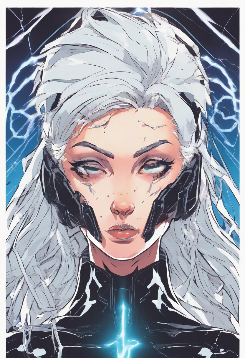 1990s anime art style girl with black ripped clothes and white hair with grey eyes and a lightning shape scar on her face. With 100% grain quality, no HD  quality.