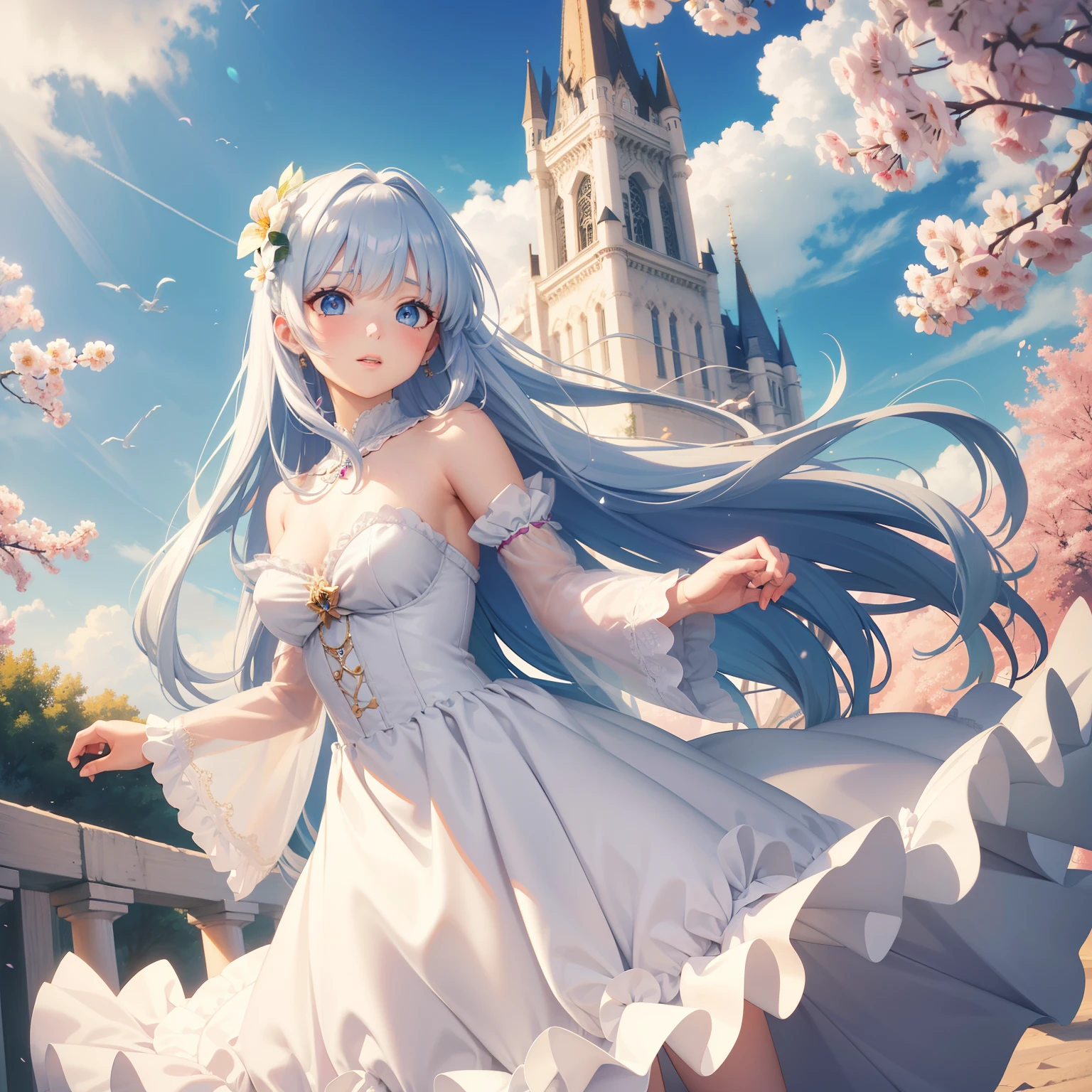 fairy tale romance wallpaper, anime princess, anime wallpaper, anime girl, white dress, 1girl, dress, long hair, solo, looking at viewer, blue eyes, white dress, flower, hair ornament, outdoors, day, frilled dress, hair flower, sky, frills, breasts, white hair, detached sleeves, cloud, parted lips, bangs, 8k,