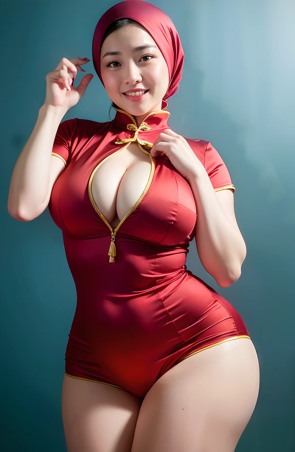 matured royale MILF in hijab wearing sexy satin red color cheongsam portrait photography, mid shot photo, ultra detail, professional photograph with professional lighting, smile, light blue studio background, sexy seducing pose, curvy,breast out