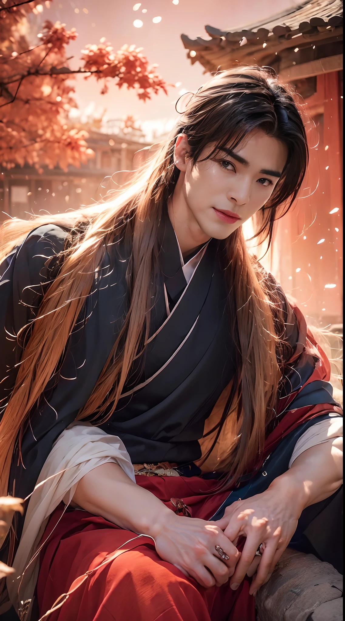 A 21-year-old Asian man，Thick eyebrows，二重まぶた，Melon seed face，The bridge of the nose is erected，Handsome face，Men's full body ，A transparent streamer is tied to the body and flutters in the wind，The background is an ancient Chinese town in summer，Time is night。Deep blue sky，A full moon，Lots of red lanterns，Pavilions and arch bridges，His skin is fair，He is slender，The upper body is not worn，Showed the pectorals、Abs and slender arms，I didn't wear it on my lower body，The crotch bulge is high，slender leg，The limbs have pronounced muscle lines，Barefoot，Show your toes，Open your legs，A huge male root apparatus is revealed，The crotch is completely exposed，Show off the gigantic chicken，high-definition photography，Real-world scenarios，Lots of detail