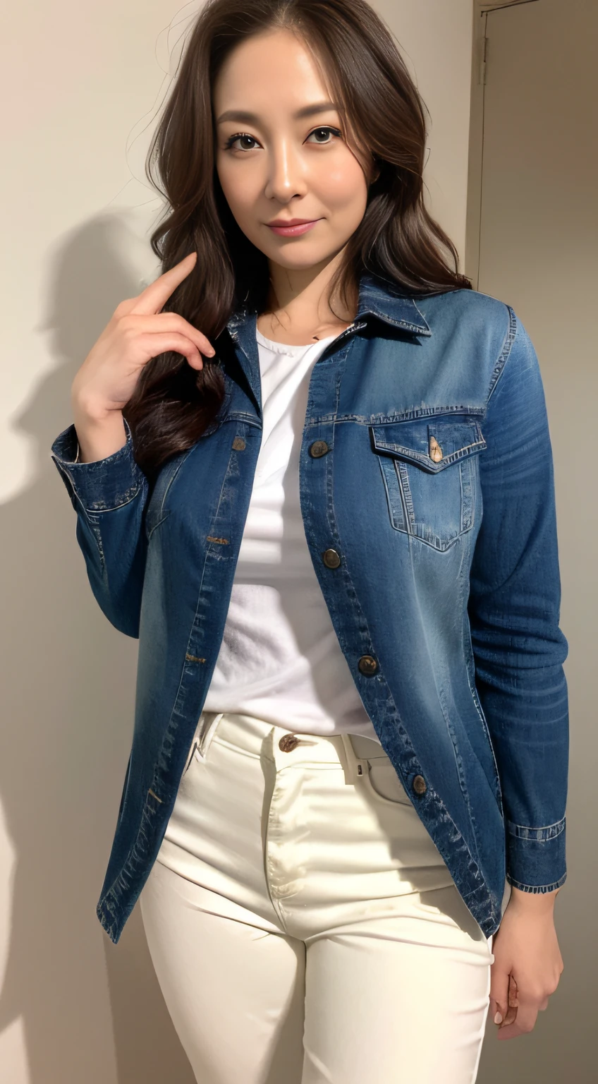 ((midynight, Need, 8K, tmasterpiece:1.3)), full bodyesbian, Long legs, Focalors:1.2, perfect figure beautiful woman:1.4, ((Dark brown hair)), (white tight t-shirt, denim pant, standing on your feet:1.2), ((sobu)), Highly detailed facial and skin texture, A detailed eye, 二重まぶた,Beauty,Wavy hair, Wrinkles at the corners of the eyes, to emphasize, ,(Big breasted 1.2),aged 40, Wrinkled eyes,
