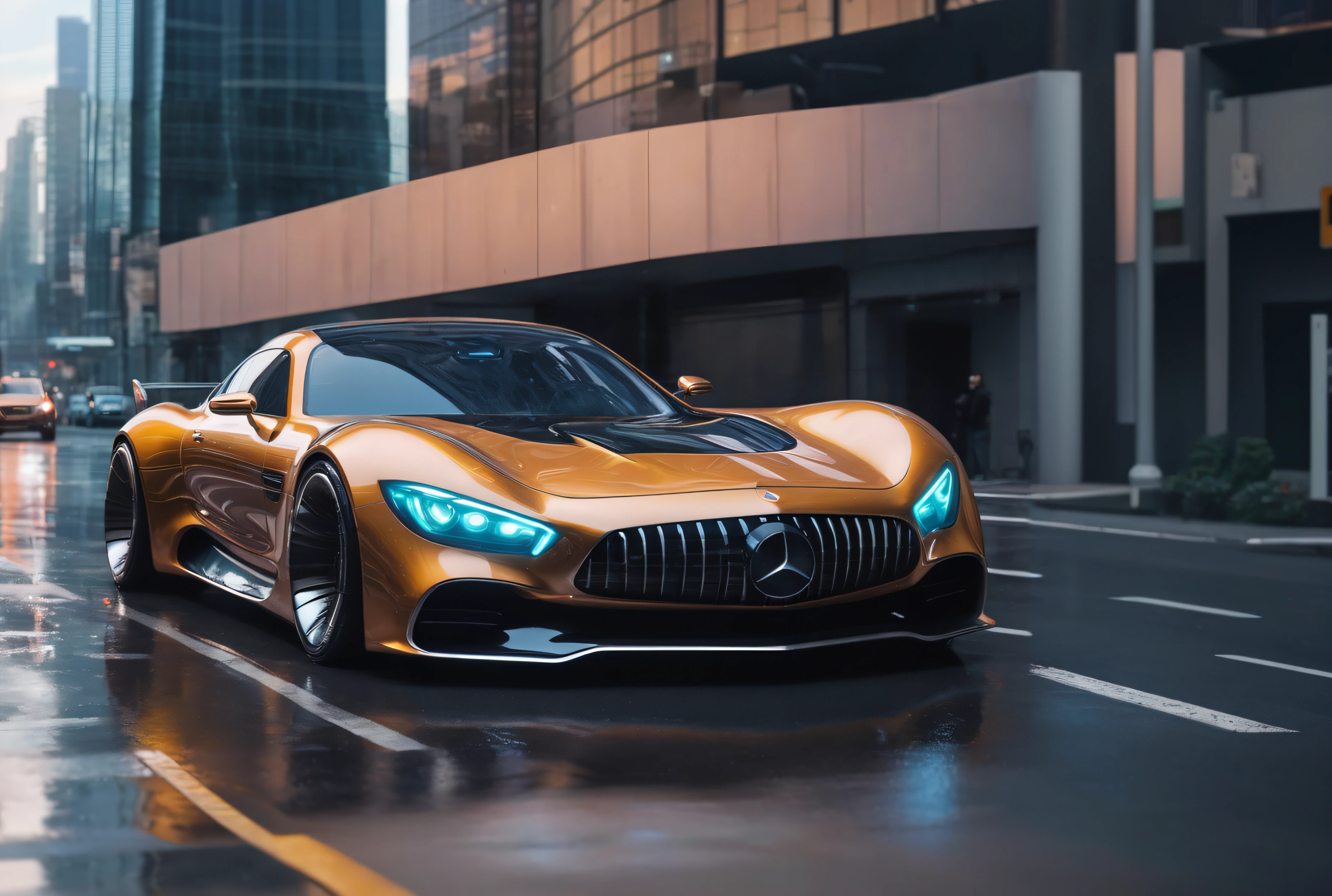 a close up of a car on a city street with a building in the background, hyper real render, luxury hd render, bmw and mercedes concept cars, mercedez benz, hq 4k phone wallpaper, cinematic front shot, avantgarde 4k wallpaper, hyper realistic render, hyper-realistic render, hyper - realistic render, sports car, 8 k cg render