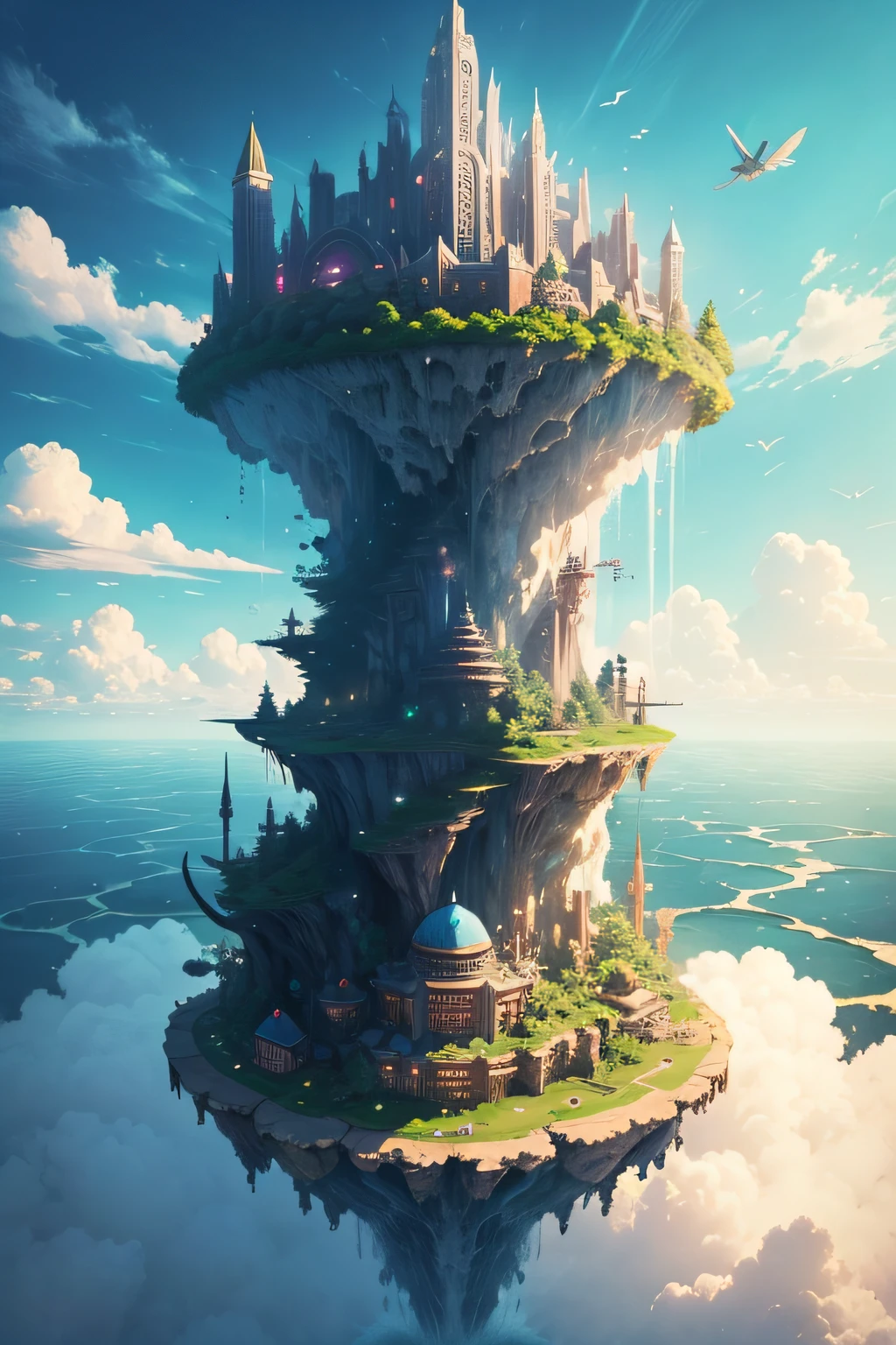 create a massive floating city high above the sky that has a lot of clouds at the background with waterfalls and flying creatures
