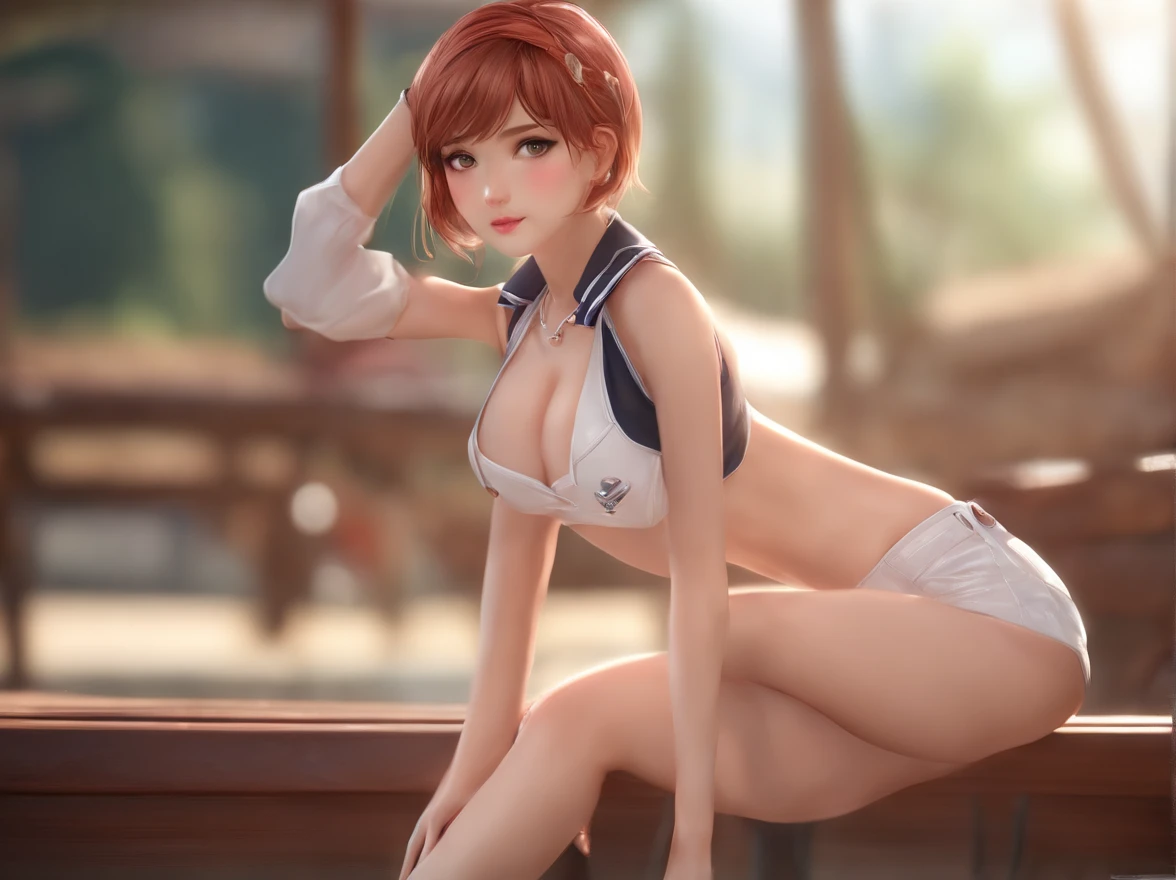 1girl, single, Pink Polo Shirt, No shoes., Bikini, Transparent short skirt, master-piece, bestquality, highly-detailed, (oily shiny skin, sweaty: 1.4), Absurd, looking at the audience, red short hair, Brown eyes, tapering, Dynamic lighting, high-res, crisp focus, deep depth of field, detailed eyes, Sharp pupils, Realistic pupils, (small boobs:1.2), (thick thighs:1.0),