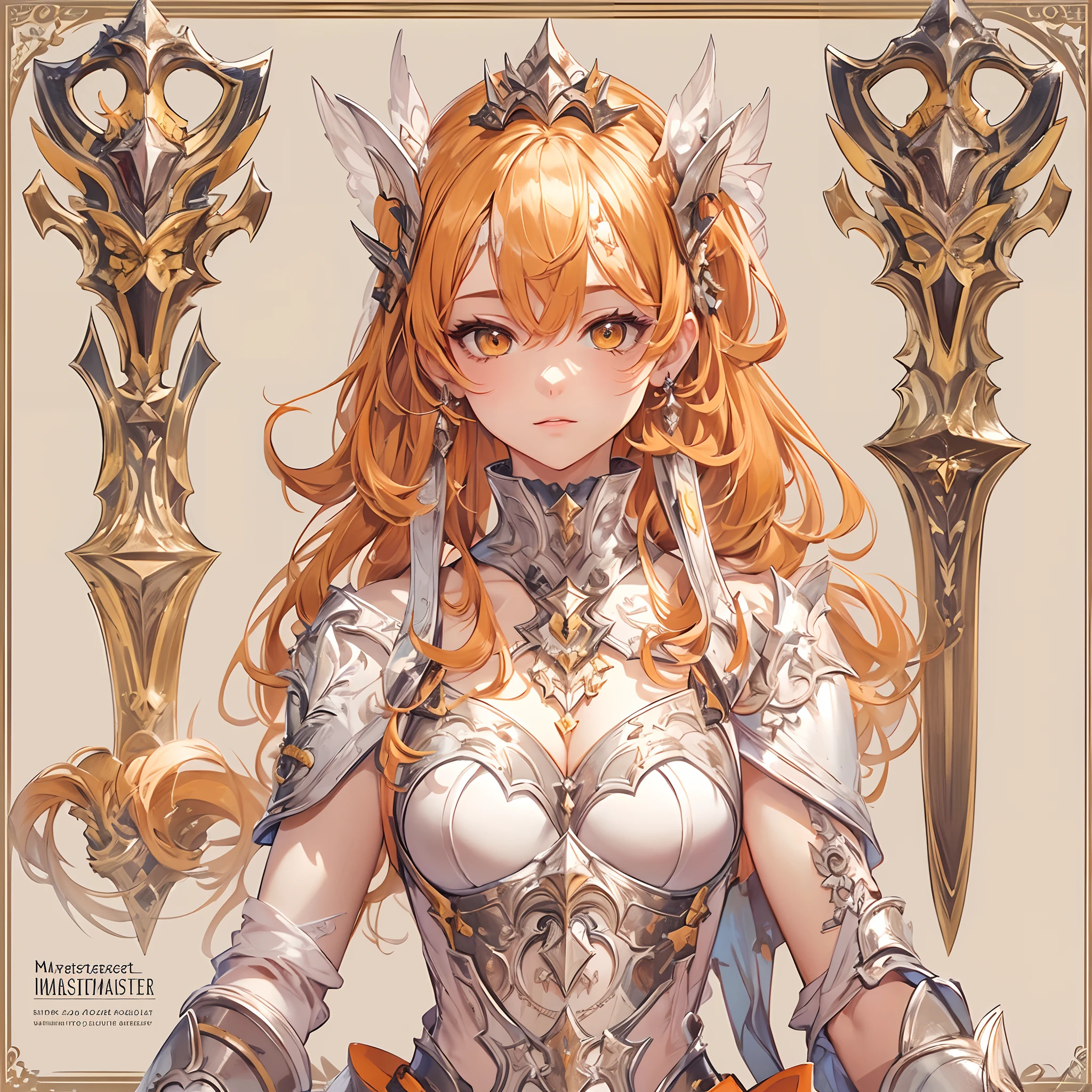 ((Masterpiece, Highest quality)), Detailed face, CharacterDesignSheet, full bodyesbian, Full of details, Multiple poses and expressions, Highly detailed, Depth, Many parts,Beautiful paladin,Holding a shield,double-ponytail,estilo fantasia,Orange caramel,Extremely beautiful,High Balance, Natural light, Lace,lacepantyhose,Sun decoration