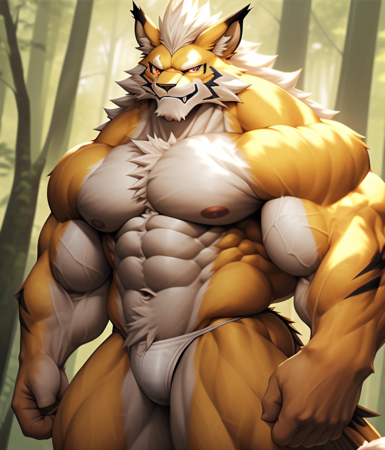PRO competitive bodybuilder, nj5furry, (Leomon, massive, huge, muscular, Gigachad), (((((WHITE THONG))))) Leomon, ((extremely realistic shadows, masterpiece, extremely detailed, photorealistic)), kemono, looking at the viewer, ((FRONT)), kind smile, kind expression, Leomon, ((detailed face)) nose, Red eyes, ((detailed eyes)), skin, fur, hair, mane, height 3 meters high, the optimal height, tight clothing, 300 kg, body full of huge muscles; muscle and bulge pecs, ripped abs, V-shaped body, thick waist, long legs, strong arms manly, handsome face, attractive cool calm face type with a kindsmile, topless. Misty forest, day, sun, sun rays, clouds, birds; bulge in the crotch, wears a small white string thong that reveals huge, muscular thighs, (((she wears a very tight little white string thong))), bulging biceps. A muscular bodybuilder in the making. A potential PRO competitive bodybuilder and bulging neck. ((Almost naked))