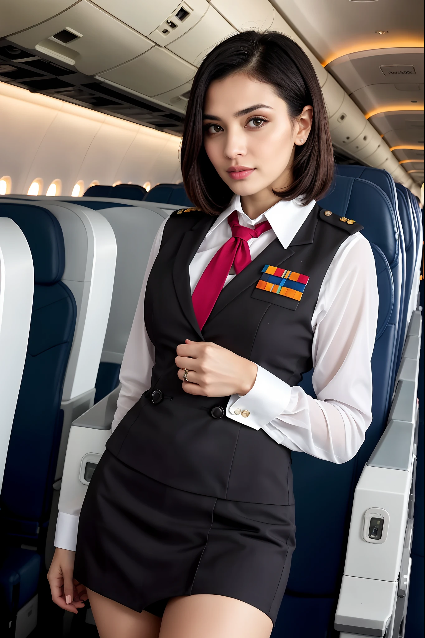 ((masterpiece, best quality)), beautiful 40-year-old Pakistani woman (Milla Jovovich:0.5), (brown- black hair, bob hairstyle, square face), (medium breasts), (curvy, muscular body), (natural skin), legs, (tight stewardess uniform:1.3), (seductive expression:1.2), jewelry, standing, various poses, passenger plane cabin background, (UHD, 8K wallpaper, High resolution), Cinematic lighting, physically-based rendering, award-winning, extremely detailed skin, extra detailed face, high detail eyes, Carl Zeiss 85 mm F/1.4, by Ellen von Unwerth
