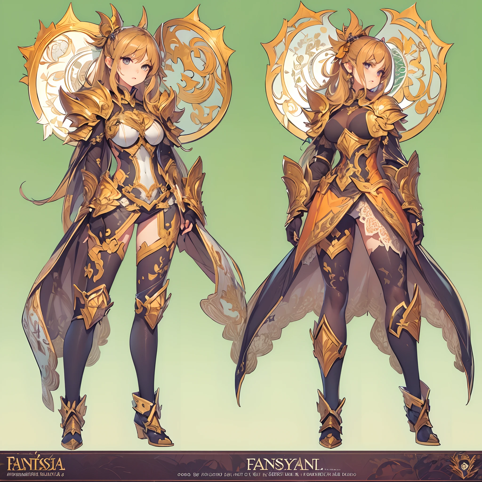 ((Masterpiece, Highest quality)), Detailed face, CharacterDesignSheet, full bodyesbian, Full of details, Multiple poses and expressions, Highly detailed, Depth, Many parts,Beautiful paladin,Holding a shield,double-ponytail,estilo fantasia,Orange caramel,Extremely beautiful,High Balance, Natural light, Lace,lacepantyhose,Sun decoration