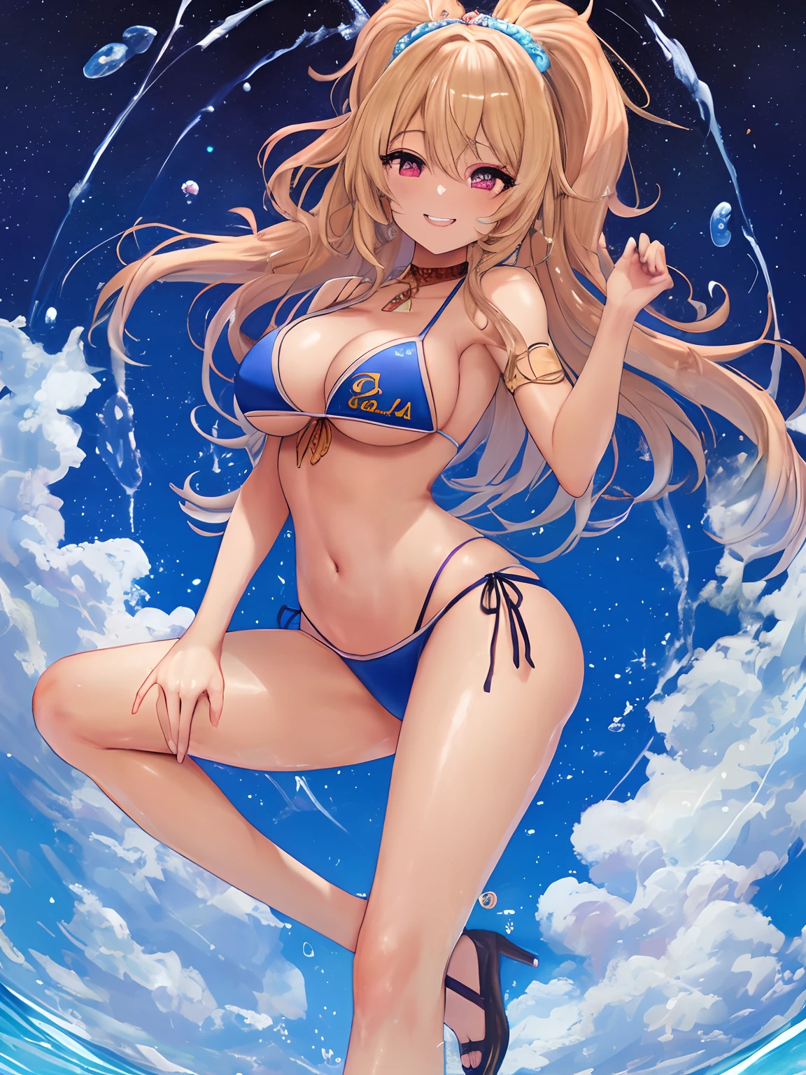 Gyaru chica con cabello rubio y ojos azules piel bronceada y una sonrisa y tacones altos y bikini, obra maestra, la mejor calidad