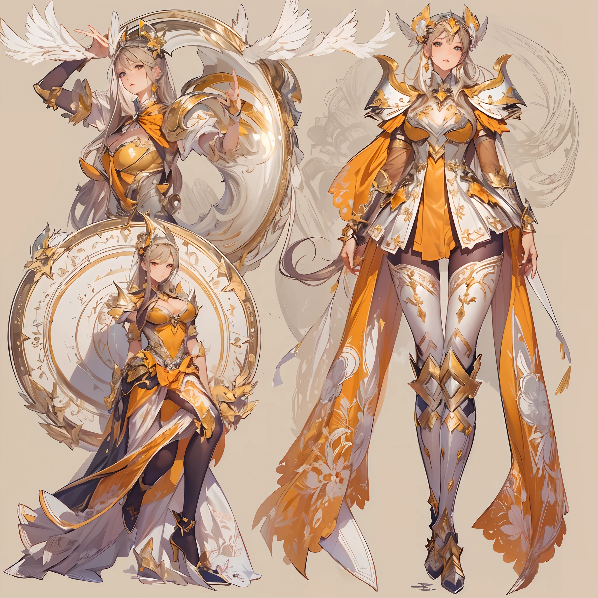 ((Masterpiece, Highest quality)), Detailed face, CharacterDesignSheet， full bodyesbian, Full of details, Multiple poses and expressions, Highly detailed, Depth, Many parts，Beautiful paladin，Holding a shield，double-ponytail，estilo fantasia，Orange caramel，Extremely beautiful，High Balance, Natural light, Lace，lacepantyhose，Sun decoration