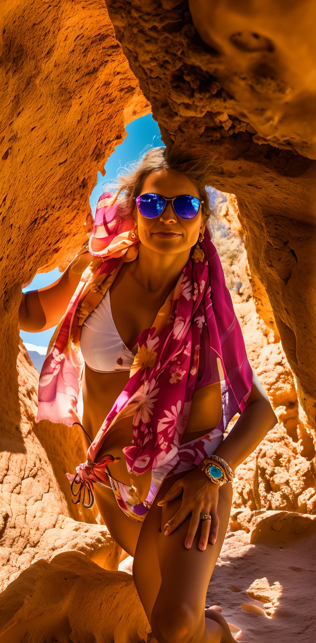 Woman in bikini and scarf, em uma rocha ao sol, perto da praia, em uma gruta, sunglasses and a scarf, vestindo chiton floral, photo from behind, ao sol, em uma grande caverna do deserto, vestindo chiton floral rosa, Foto do perfil, Sarongue, vacation photo, em uma caverna, sparkling in the sunlight