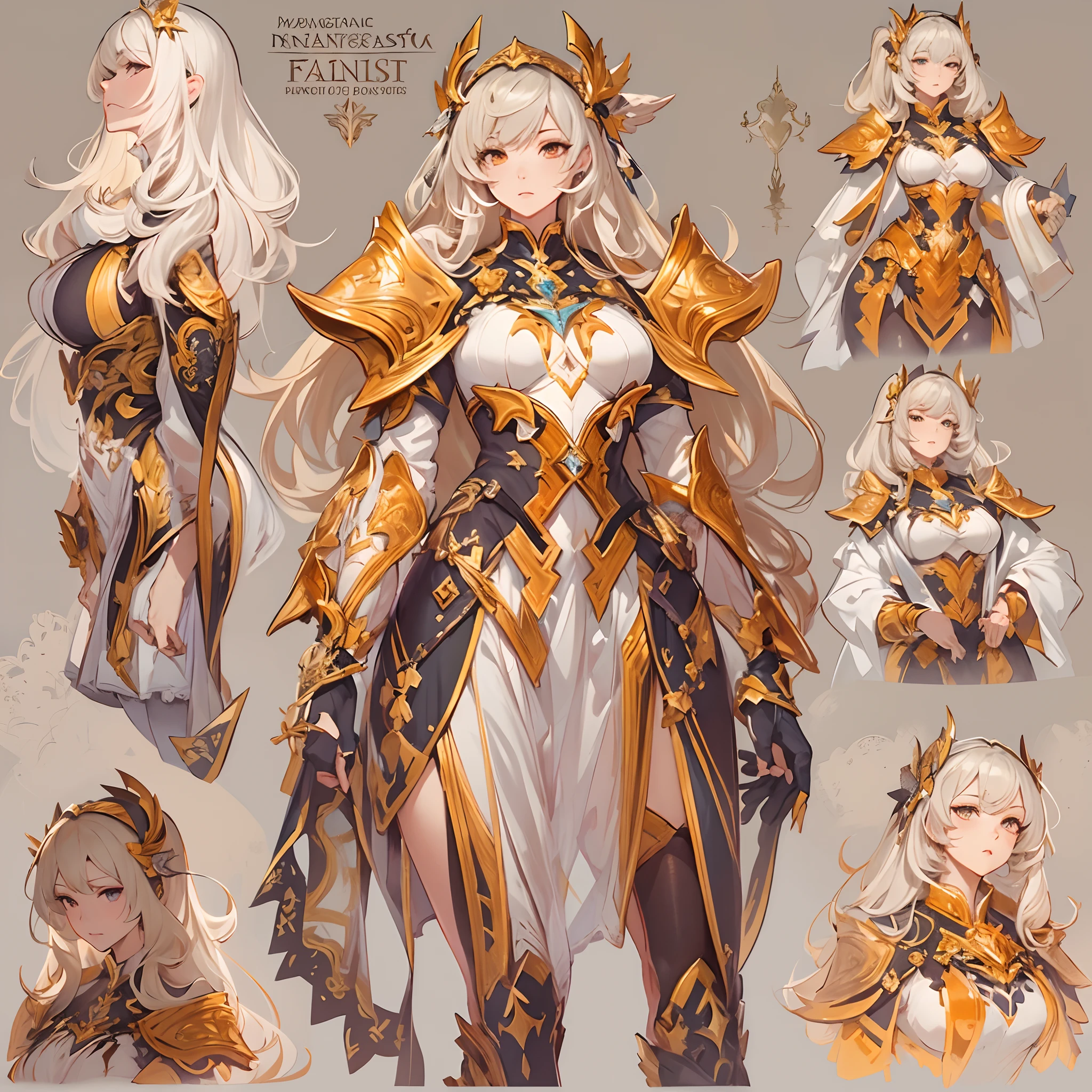 ((Masterpiece, Highest quality)), Detailed face, CharacterDesignSheet， full bodyesbian, Full of details, Multiple poses and expressions, Highly detailed, Depth, Many parts，Beautiful paladin，Holding a shield，double-ponytail，estilo fantasia，Orange caramel，Extremely beautiful，High Balance, Natural light, Lace，lacepantyhose，Sun decoration