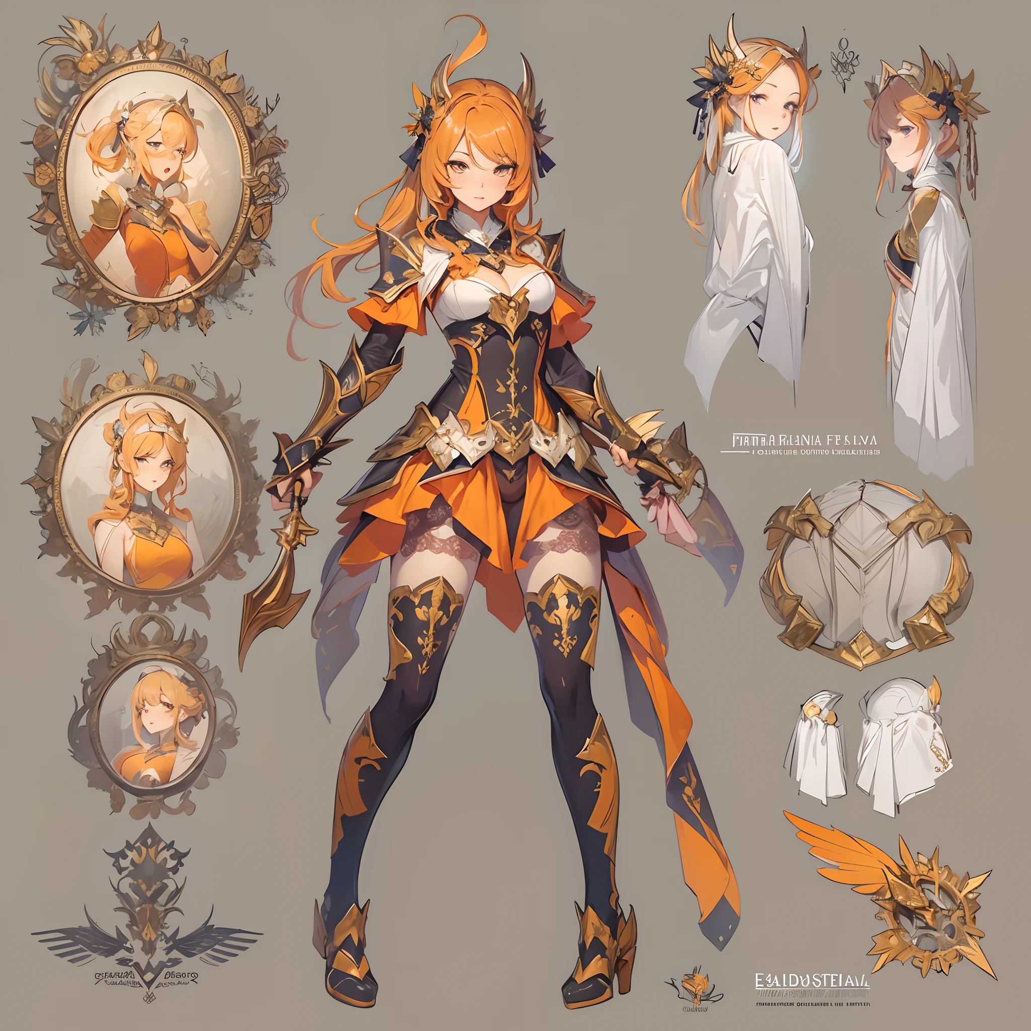 ((Masterpiece, Highest quality)), Detailed face, CharacterDesignSheet， full bodyesbian, Full of details, Multiple poses and expressions, Highly detailed, Depth, Many parts，Beautiful paladin，Holding a shield，double-ponytail，estilo fantasia，Orange caramel，Extremely beautiful，High Balance, Natural light, Lace，lacepantyhose，Sun decoration