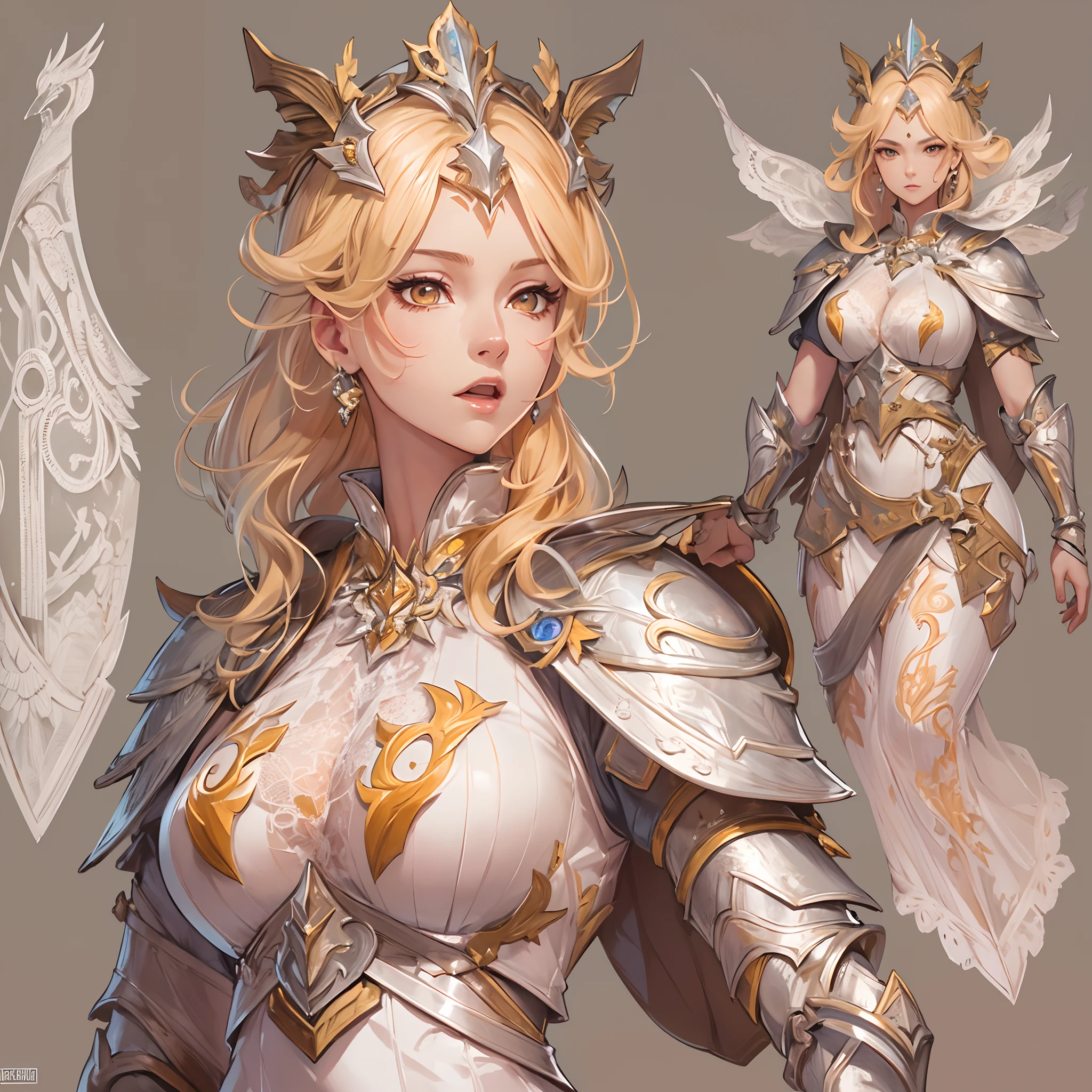 ((Masterpiece, Highest quality)), Detailed face, CharacterDesignSheet, full bodyesbian, Full of details, Multiple poses and expressions, Highly detailed, Depth, Many parts,Beautiful paladin,Holding a shield,double-ponytail,estilo fantasia,Orange caramel,Extremely beautiful,High Balance, Natural light, Lace,lacepantyhose,Sun decoration