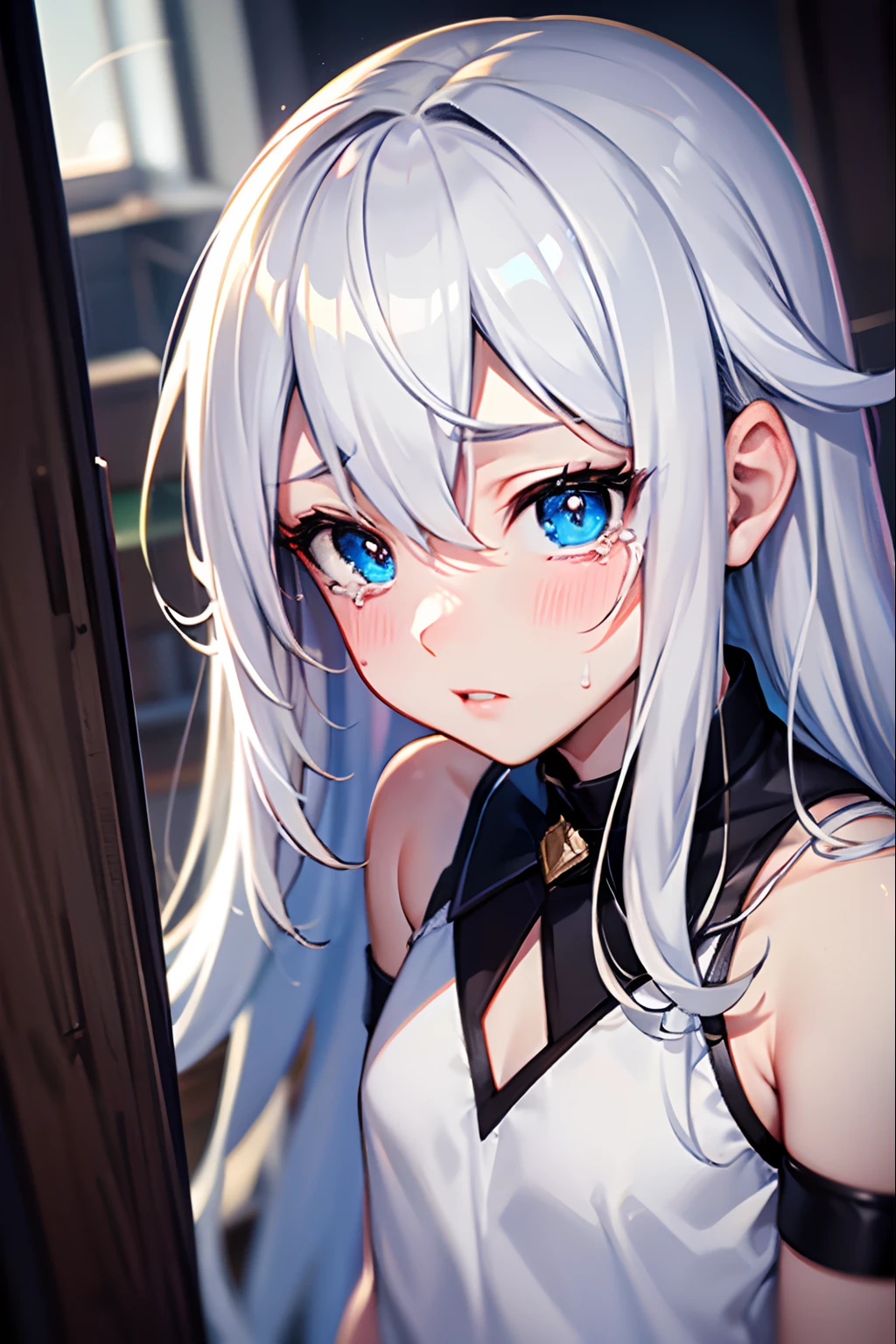 (best-Quality, 8K, 12), 1 male, long hair,White hair, feminine body, feminine, femboy, the perfect body, ultra detail face, detailed lips, Slender Eyes, white shirt with some black shorts, tanding, enticing, sad, crying, trembling, Looking Up, From directly above,lime green and blue eyes (two different eye colors), cute femboy, Petite Body, male