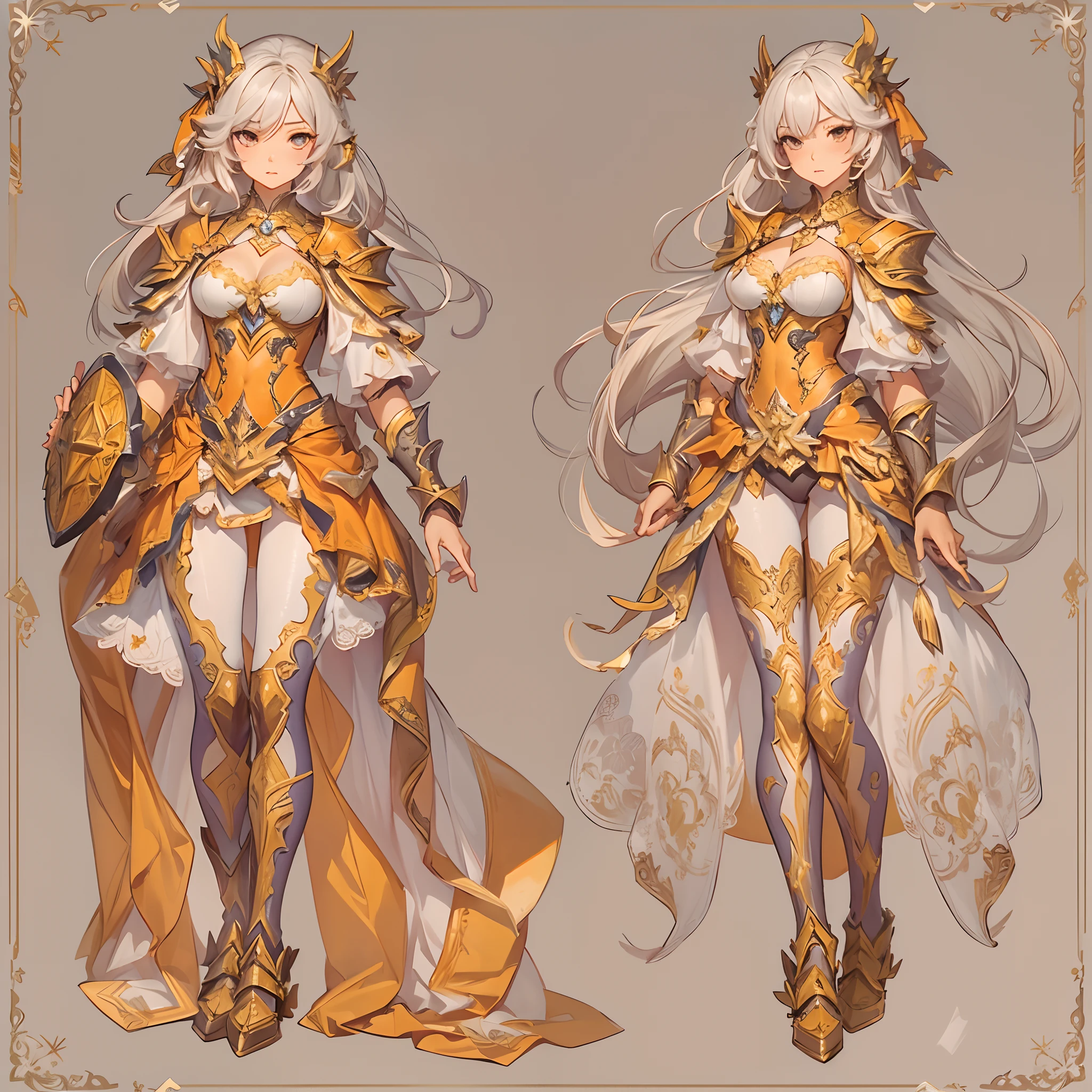 ((Masterpiece, Highest quality)), Detailed face, CharacterDesignSheet， full bodyesbian, Full of details, Multiple poses and expressions, Highly detailed, Depth, Many parts，Beautiful paladin，Holding a shield，double-ponytail，estilo fantasia，Orange caramel，Extremely beautiful，High Balance, Natural light, Lace，lacepantyhose，Sun decoration
