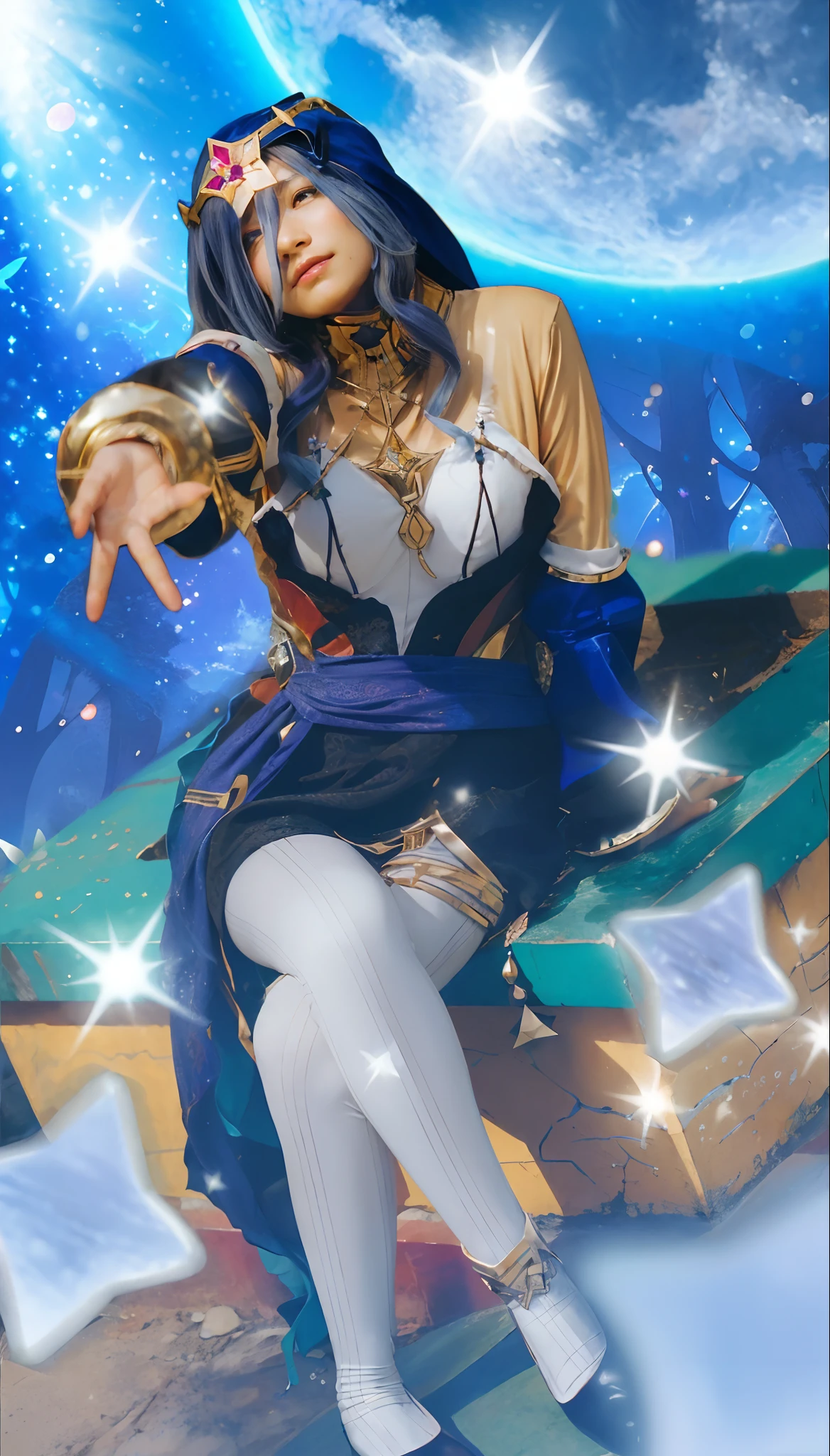European woman cowboy shot, long curly hair, blonde, flower frame, decorative panels, abstract art, Alphonse Mucha (masterpiece, best quality, high resolution: 1.4), detailed, intricate details, 4K, color splashes, line art, Fibonacci, starry sky, night, outdoor, clouds, reflection, water, magic, tarot, water magic, sorceress, ((beautiful golden crystal star)) architecture, palace, patterns, Sumeru, clouds, moon