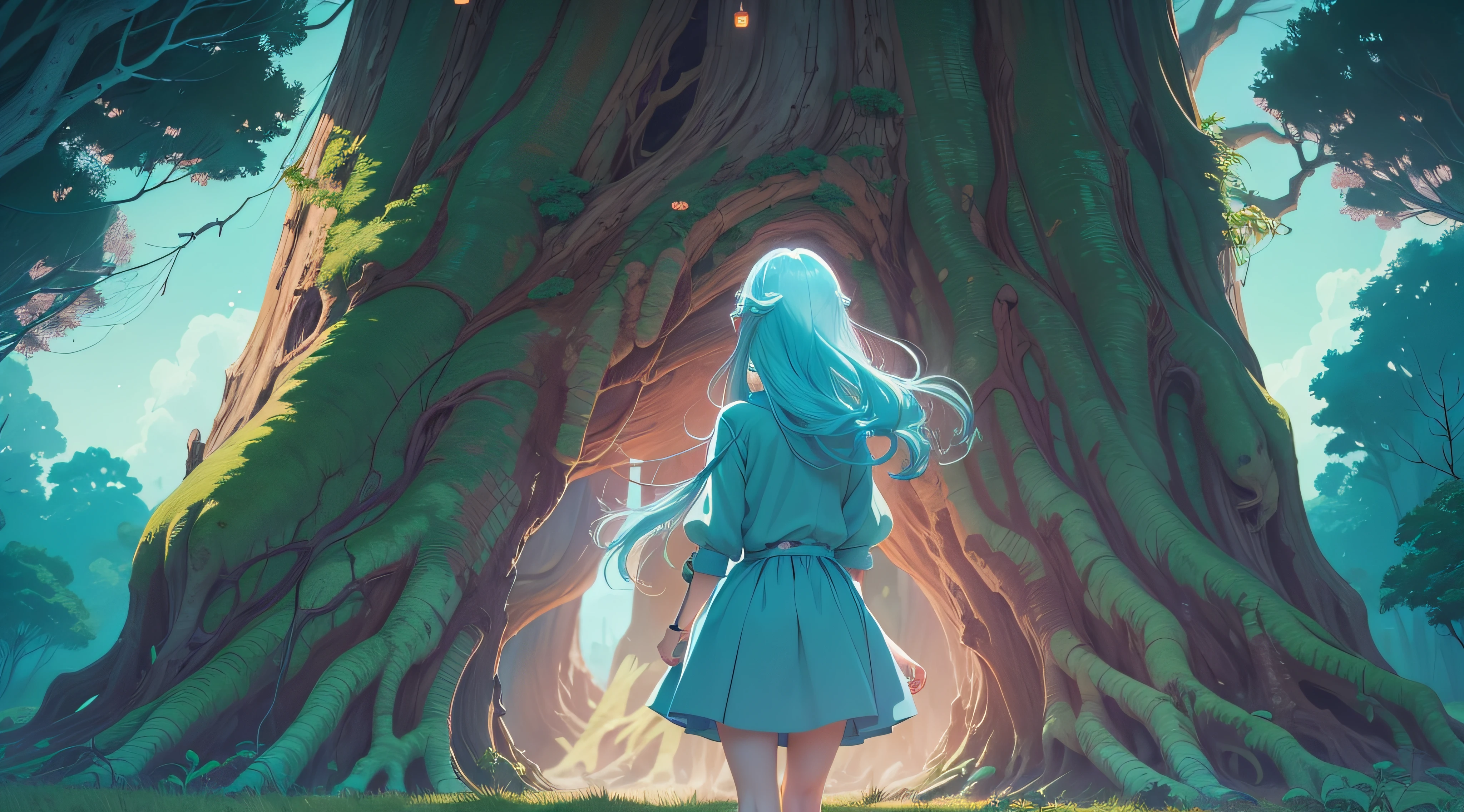 Light blue long haired girl looking at a giant tree in the middle of a forest,  Estilo de arte de anime, Estilo de arte do Studio Ghibli, anime style, 4K HD | | | |, estrelas, Stars in the sky |, cinematografic