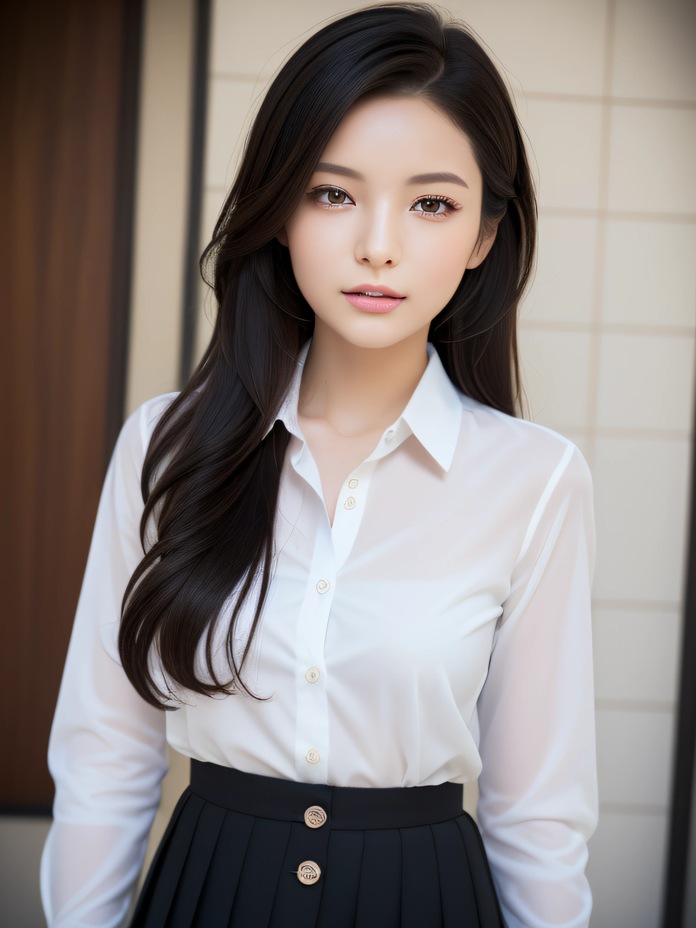 (Detailed beautiful eyes and detailed face, Masterpiece Side Light, masutepiece, Best Quality, Detailed, High resolution illustration), (1 girl, Beautiful Girl, slenderbody、tiny chest、Shiny skin, Looking down, Looking at Viewer), ( Black Long Hair, Phoenix Eyes, Skirt, bow ribbon, button-down shirt) 45 degree, upper view, Sideways, (Hand Detail)