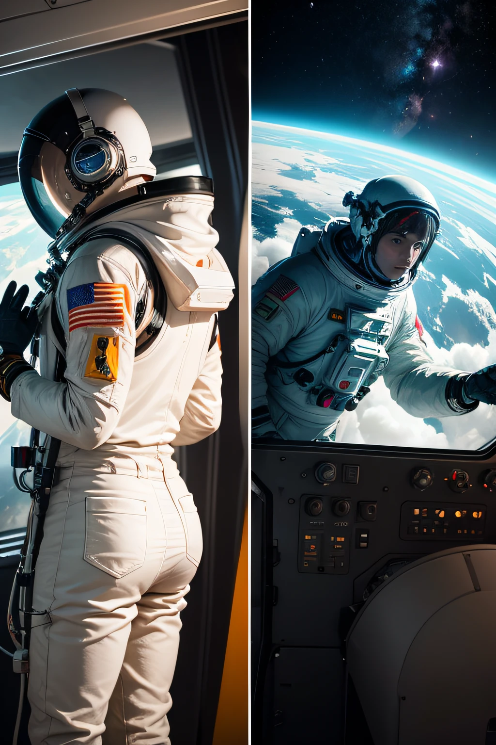 The astronaut,A space station,kosmos,Past versus present