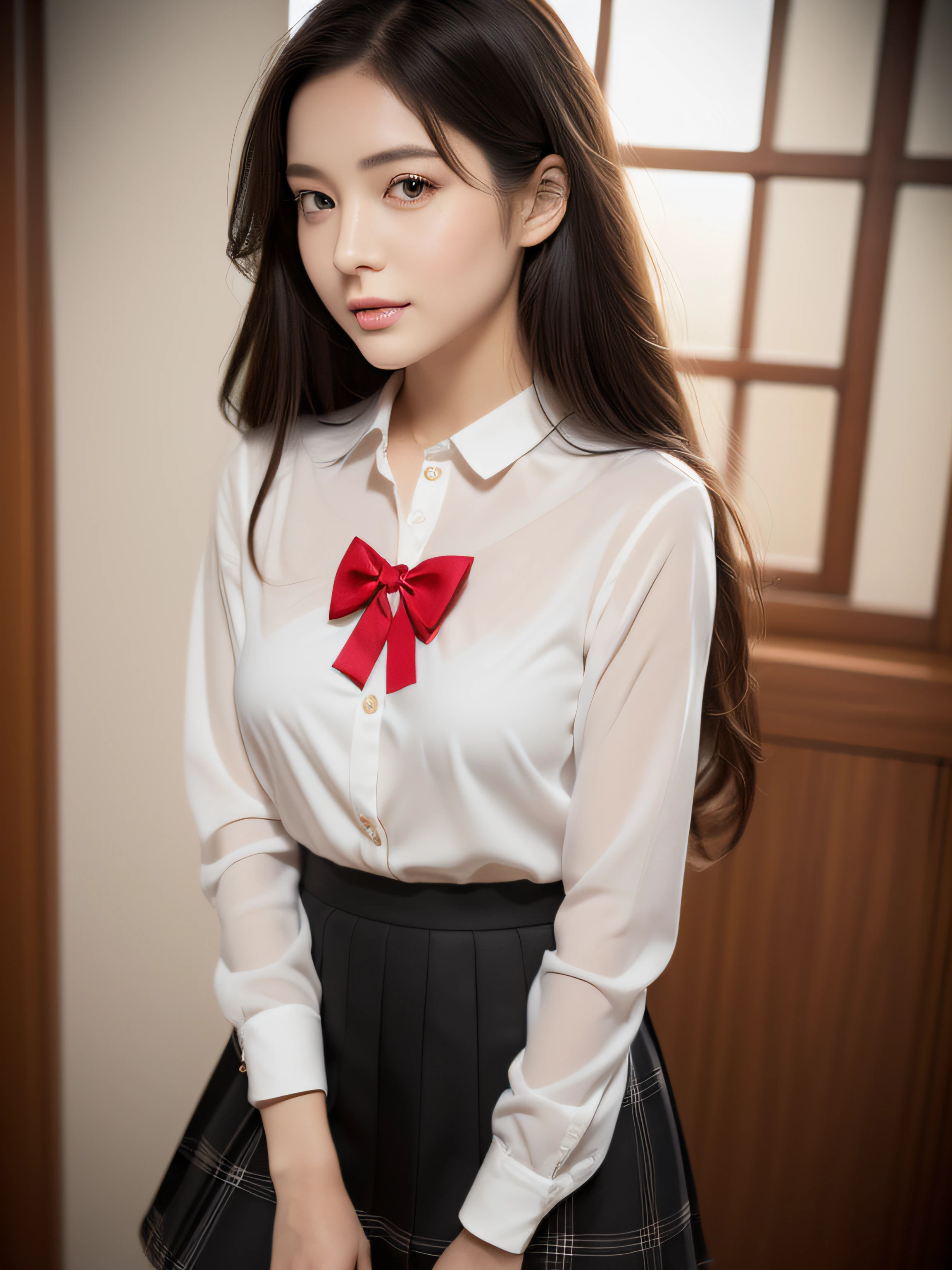 (Detailed beautiful eyes and detailed face, Masterpiece Side Light, masutepiece, Best Quality, Detailed, High resolution illustration), (1 girl, Beautiful Girl, slenderbody、tiny chest、Shiny skin, Looking down, Looking at Viewer), ( Black Long Hair, Phoenix Eyes, Skirt, bow ribbon, button-down shirt) 45 degree, upper view,  Sideways, (Hand Detail)