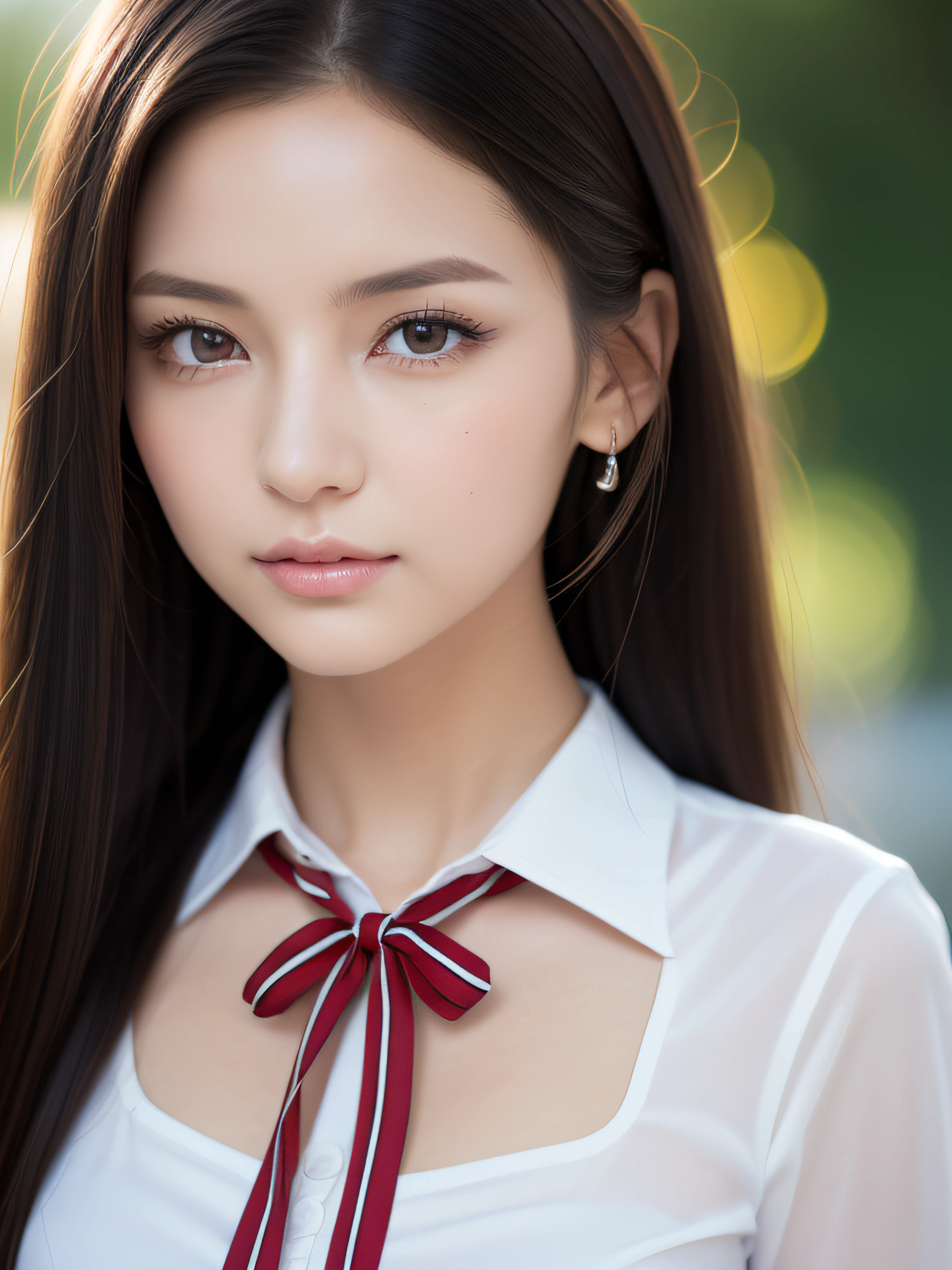 (Detailed beautiful eyes and detailed face, Masterpiece Side Light, masutepiece, Best Quality, Detailed, High resolution illustration), (1 girl, Beautiful Girl, slenderbody、tiny chest、Shiny skin, Looking down, Looking at Viewer), ( Black Long Hair, Phoenix Eyes, Skirt, bow ribbon, button-down shirt) 45 degree, upper view,  Sideways, (Hand Detail)