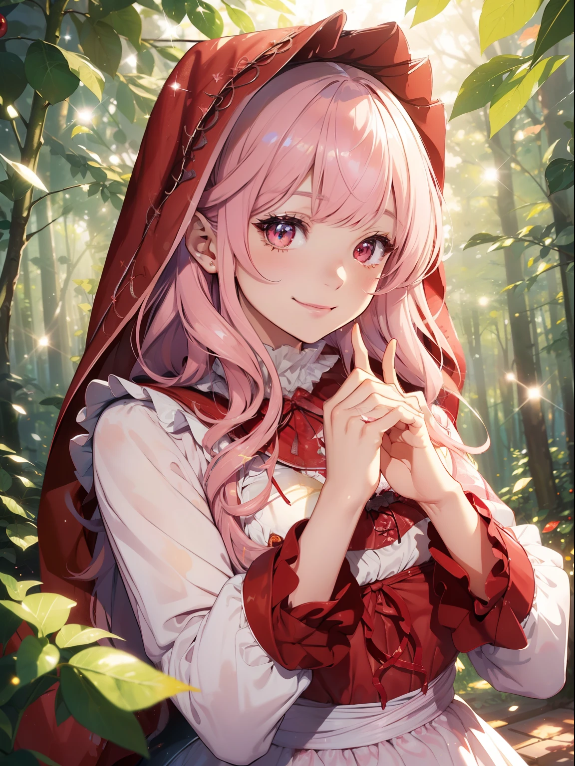 masutepiece, High resolution, 8K, anime woman, Delicate and detailed writing 、Detailed digital illustration、Very long hair and shiny、Bangs、a very beautiful woman、Eyes are double, Large, Bust is D cup、High image quality, High quality、Detailed background、(Little Red Riding Hood:1.5),(White Dress:1.3)))、((brightly colored red leaves、Background with)、(The inside of the eye shines like a diamond、(((Light pink hair)))、Gradient pupil、(((2 arms、4 fingers, 1 thumb)))、Detailed female face、Very beautiful and cute woman、、Meticulous background、​masterpiece、Soft Focus , Bright gradient watercolor , Lens Flare , (((Glitter))) , Glow , Dreamy , 、Less exposure、Nothing at hand、((A smile))、Wonderland