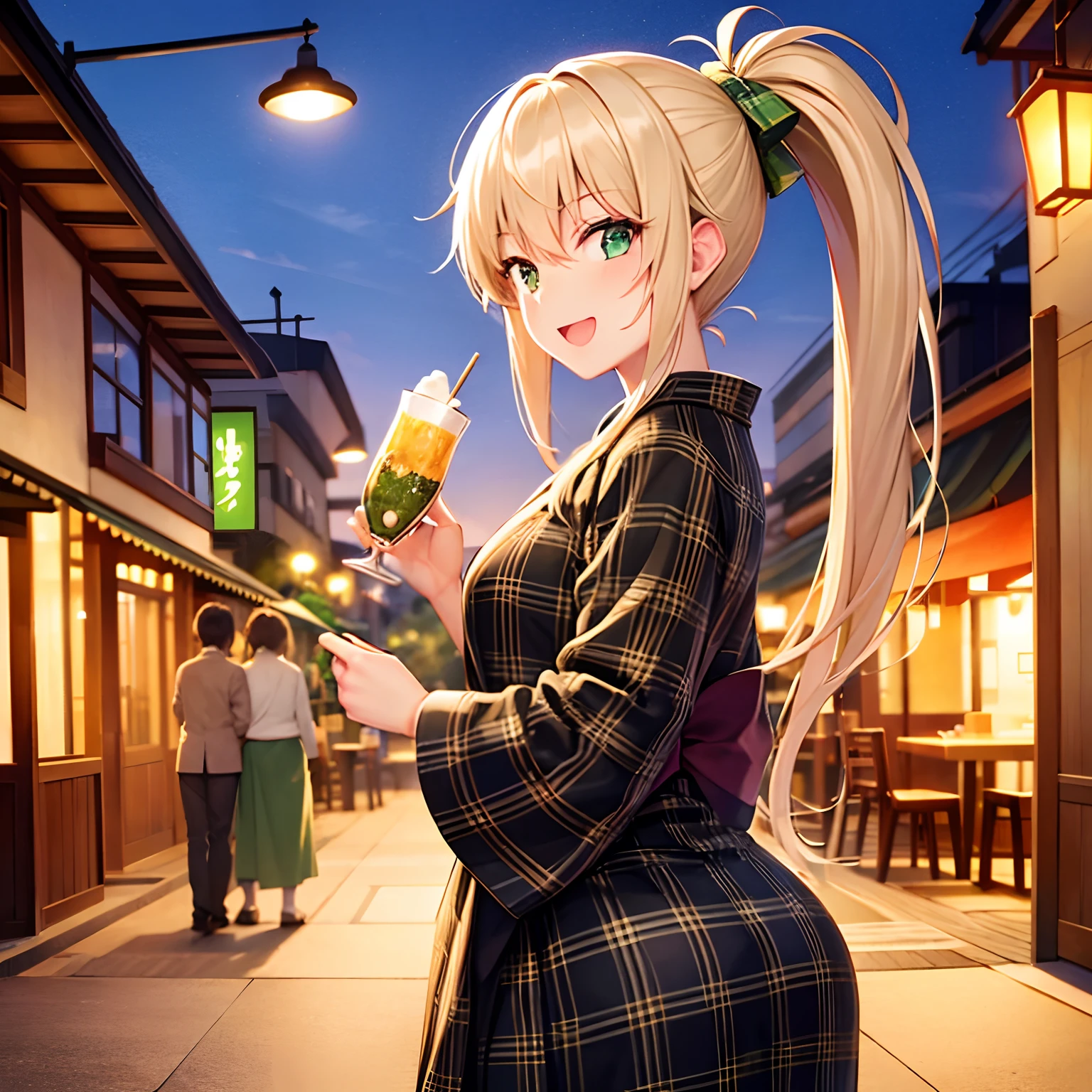 Beautiful green plaid kimono,Beautiful restaurant background,Prepare a few plates of food in a tray,Happy laughter,