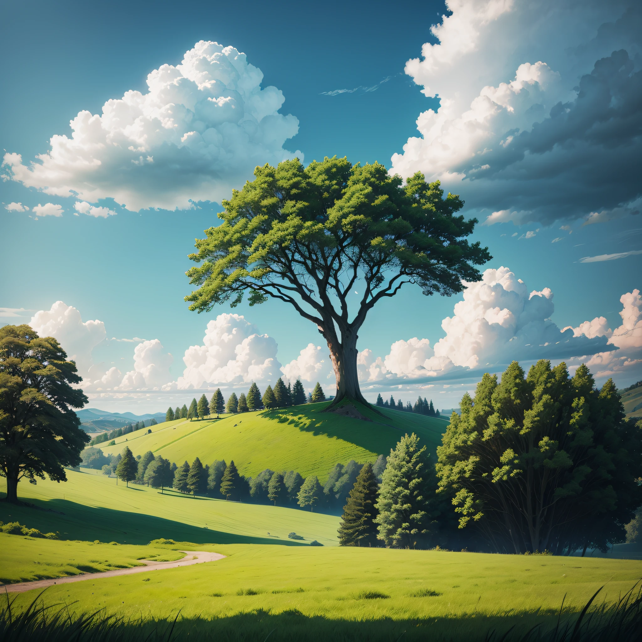 tree, grass, landscape, sky, nature, green, field, meadow, summer, blue, hill, spring, countryside, environment, rural, clouds, plant, country, horizon, trees, lonely, season, cloud, single, oak