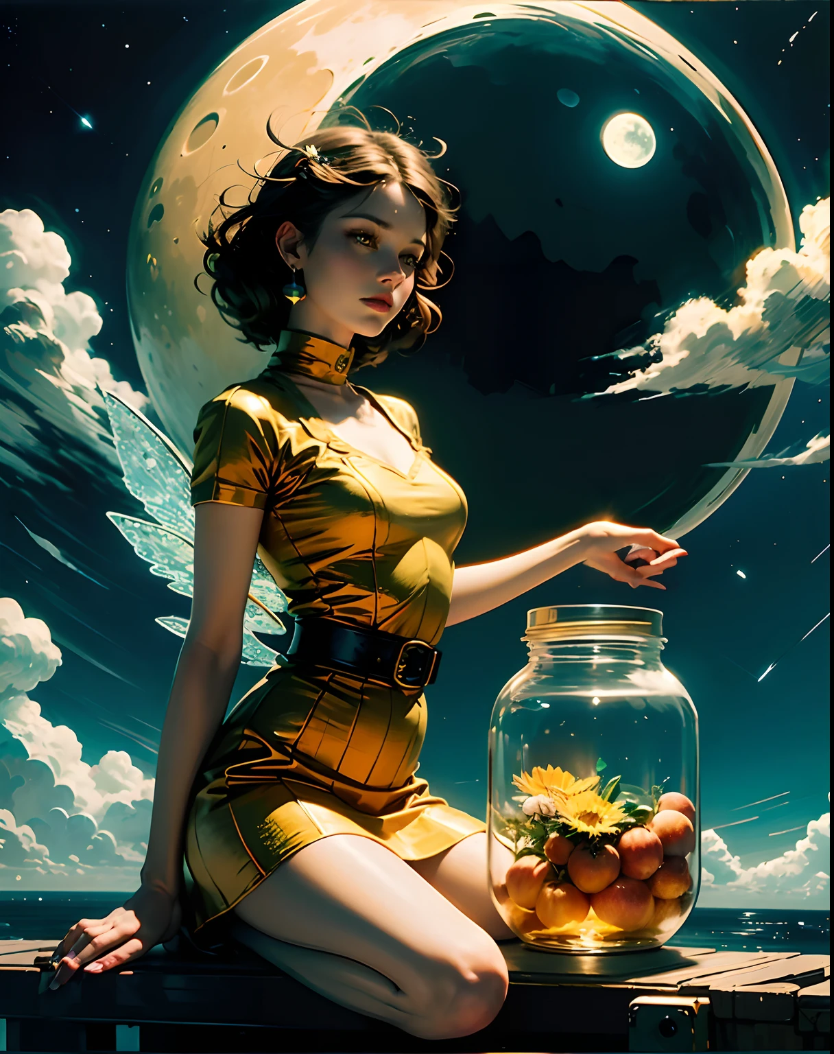 Moon fairy kneeling, quarter moon shining small inside jar, filled with peach isometric shot inside a glass jar looking out, gossamer, short skirt blue, yellow gold red and orange, chrysanthemum, nighttime, stardust. Fairytale, rococopunk, delicate studio artist model. Best quality, oil painting on canvas. Coby Whitmore, Ray Caesar, Lichtenstein, Fragonard, Van Gogh. Surrealism. Exquisitely detailed luminous portrait moon. Moon, clouds, waves, ocean, glow, bioluminescence. 18th century masterpiece, Vogue fashion illustration, delicate embroidery. Perfect red lips, Perfect face, delicate face, perfect eyes, detailed pupils. By Maya, water
